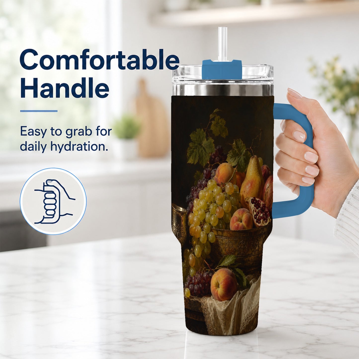 #pl[40oz|Blue] Fruit Still Life 40oz Tumbler with Handle, Vintage Harvest Artwork