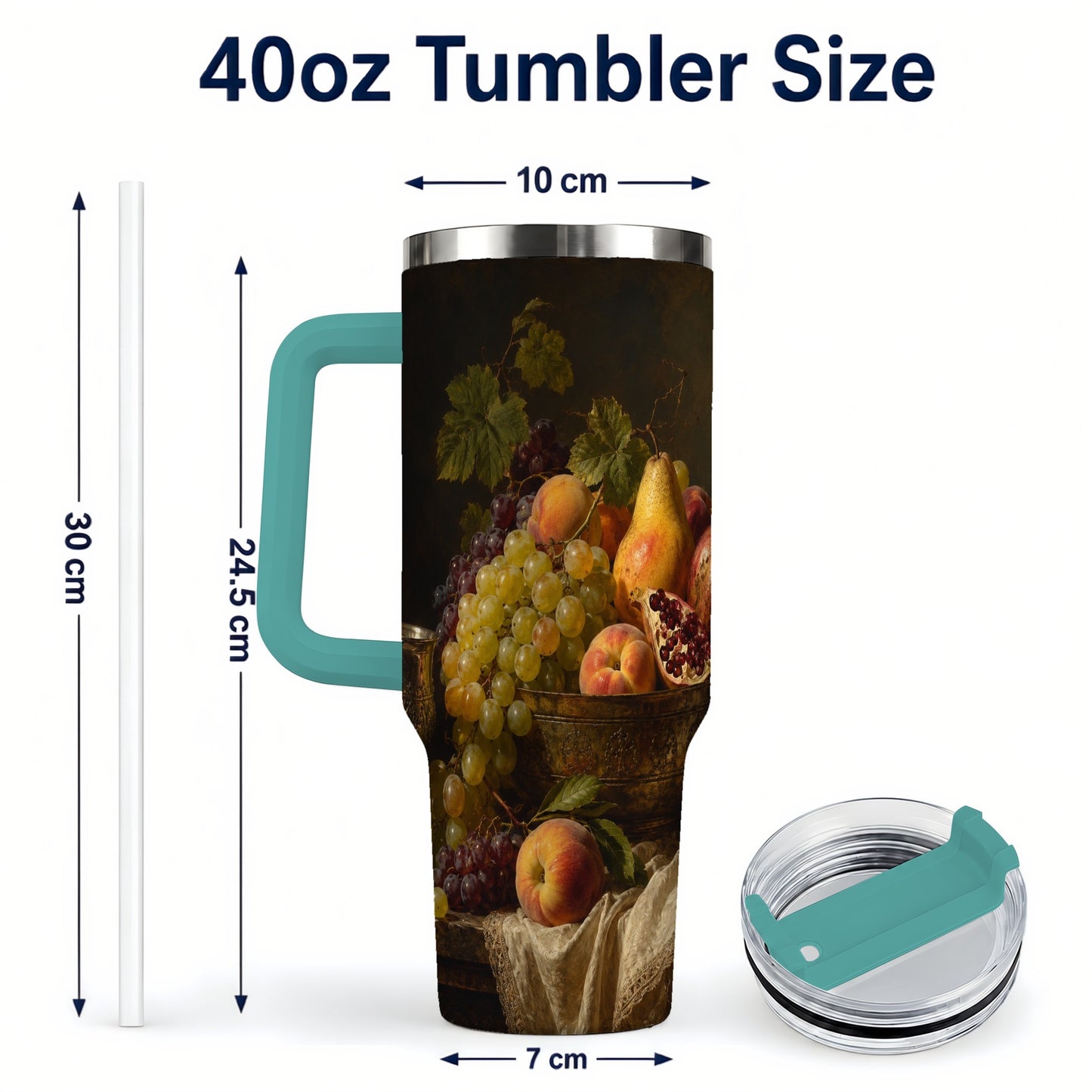#pl[40oz|Green] Fruit Still Life 40oz Tumbler with Handle, Vintage Harvest Artwork