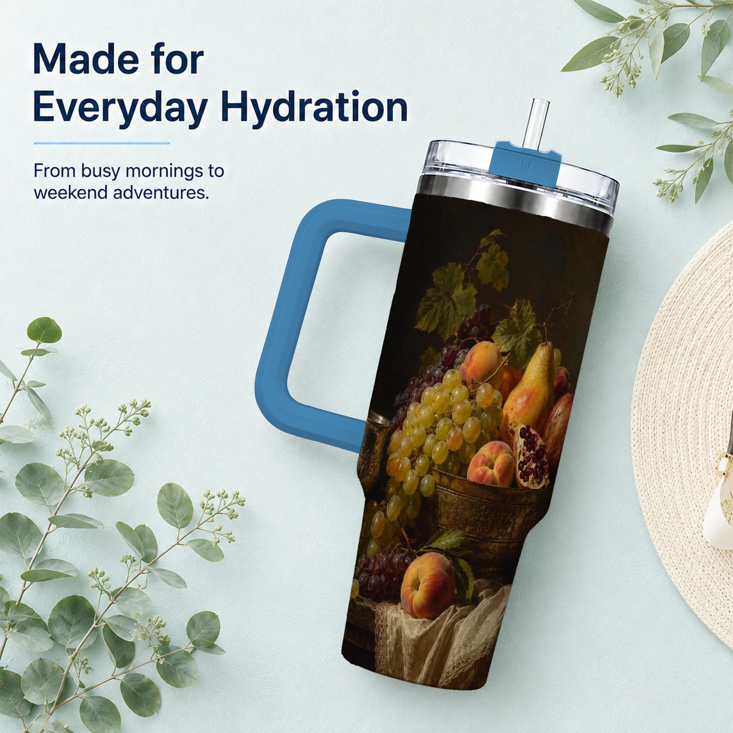 #pl[40oz|Blue] Fruit Still Life 40oz Tumbler with Handle, Vintage Harvest Artwork