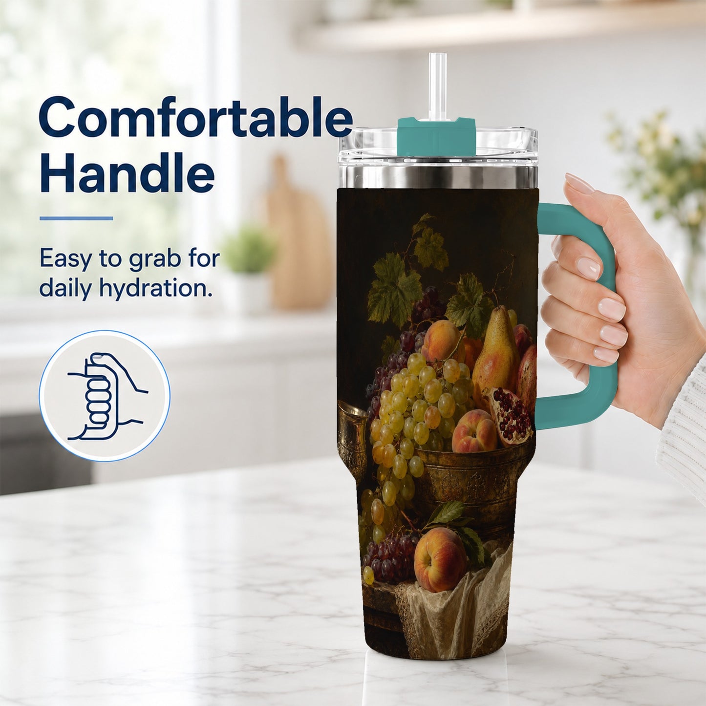 #pl[40oz|Green] Fruit Still Life 40oz Tumbler with Handle, Vintage Harvest Artwork