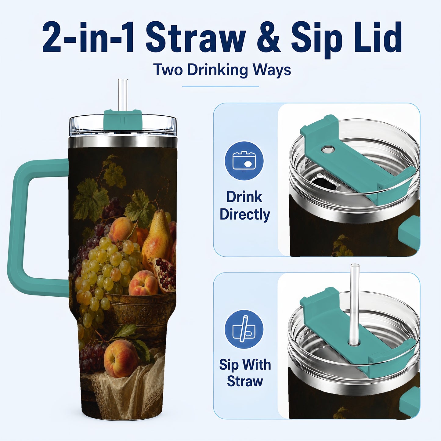 #pl[40oz|Green] Fruit Still Life 40oz Tumbler with Handle, Vintage Harvest Artwork