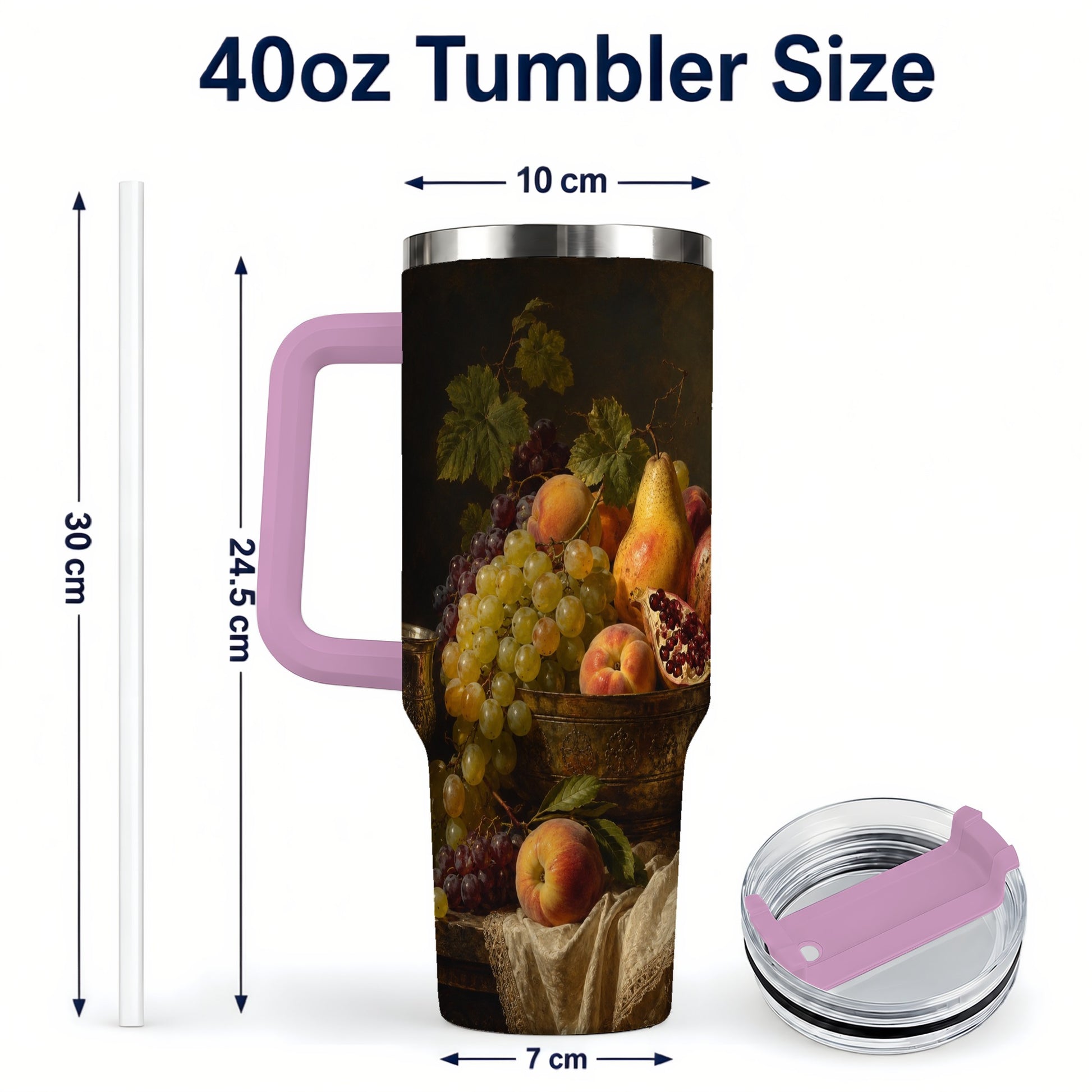 #pl[40oz|Pink] Fruit Still Life 40oz Tumbler with Handle, Vintage Harvest Artwork