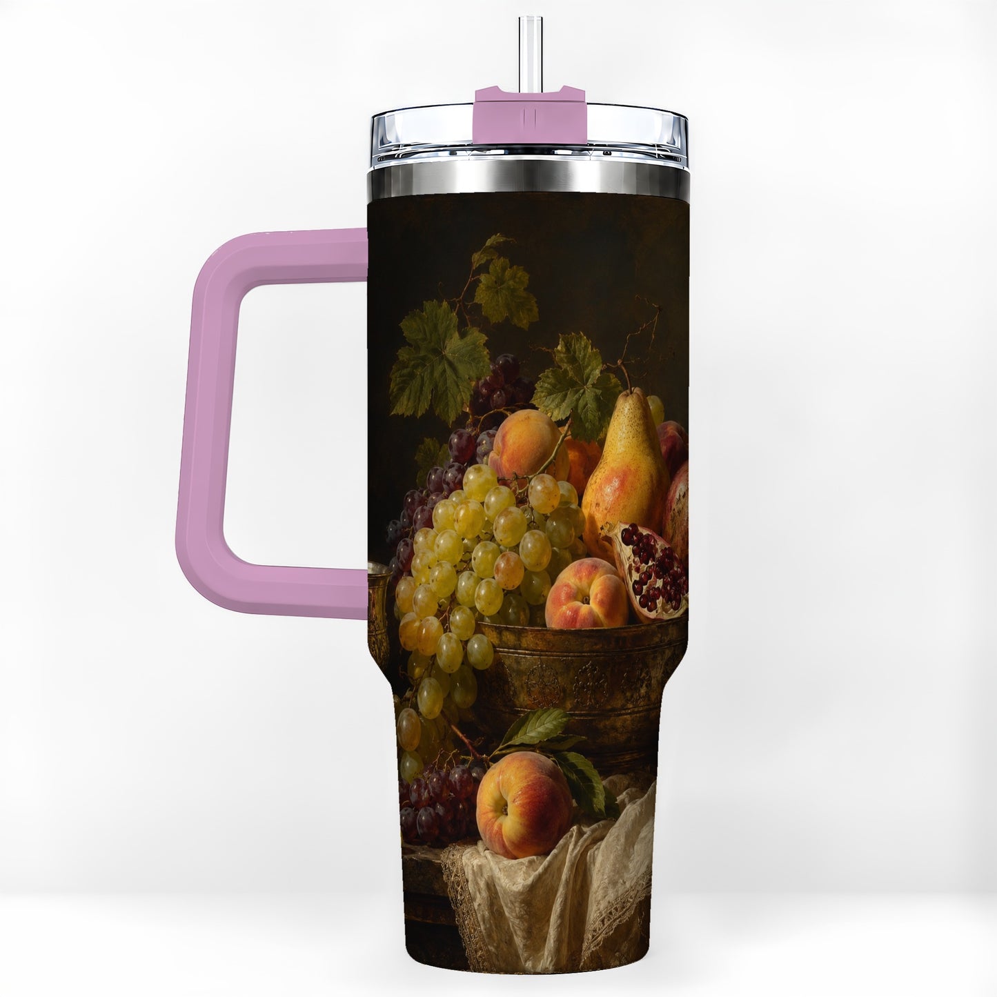 #pl[40oz|Pink] Fruit Still Life 40oz Tumbler with Handle, Vintage Harvest Artwork