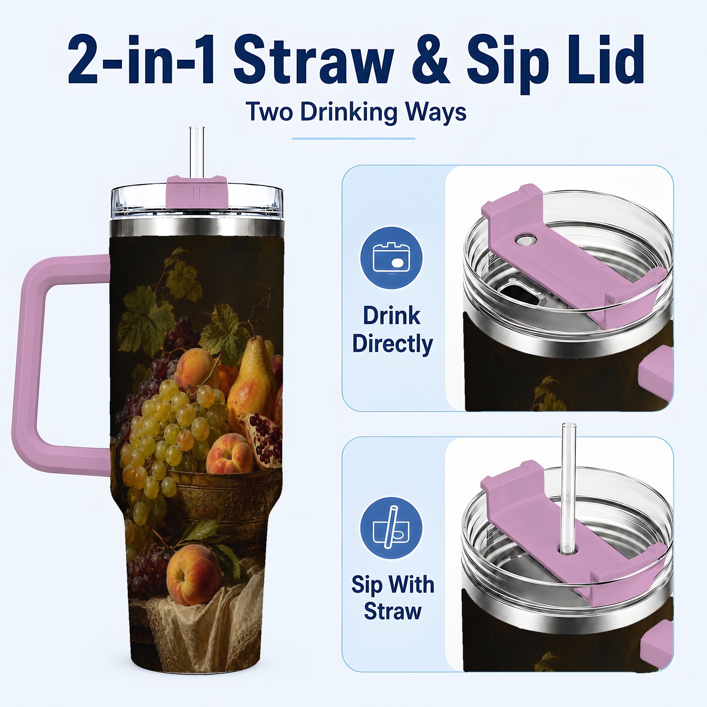 #pl[40oz|Pink] Fruit Still Life 40oz Tumbler with Handle, Vintage Harvest Artwork