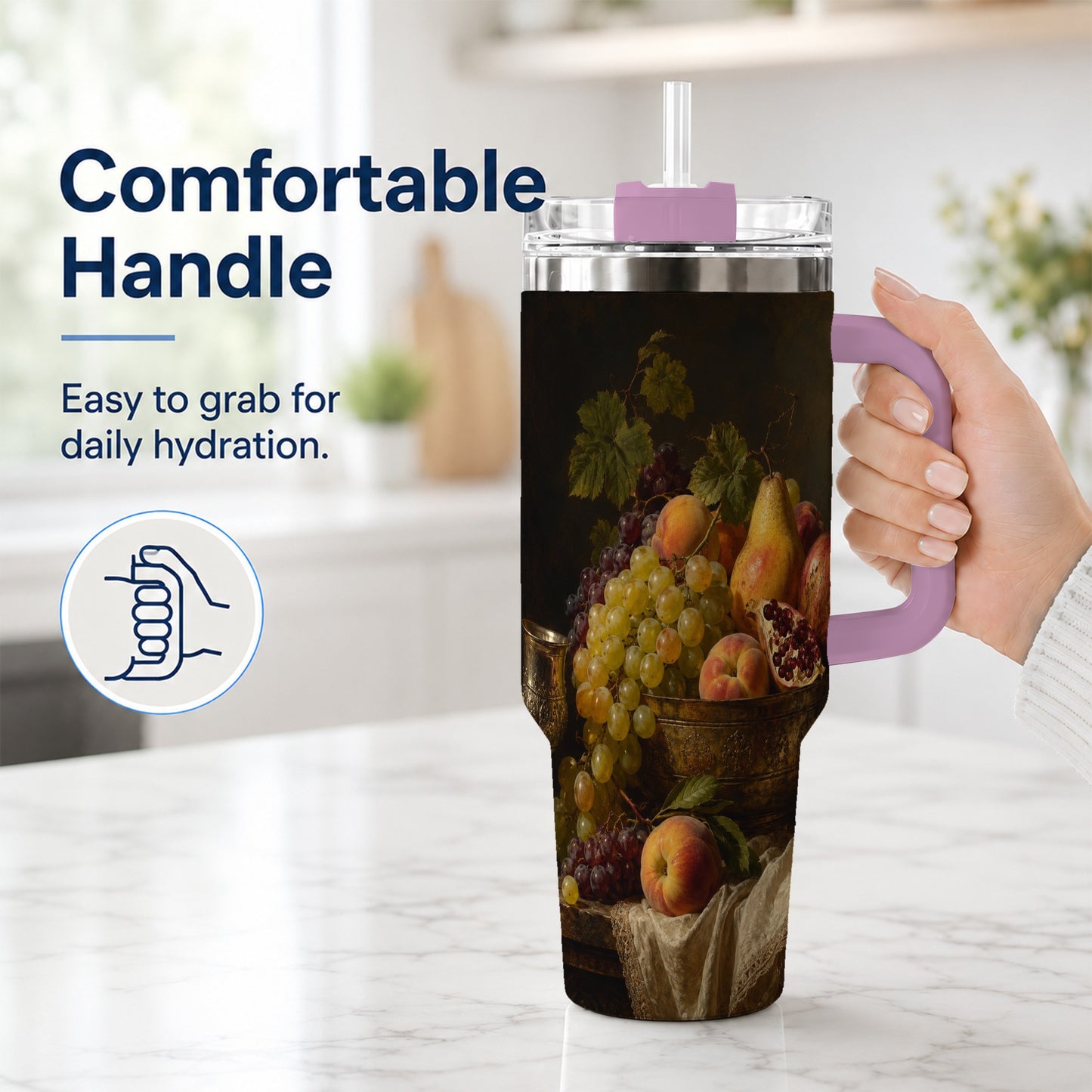 #pl[40oz|Pink] Fruit Still Life 40oz Tumbler with Handle, Vintage Harvest Artwork
