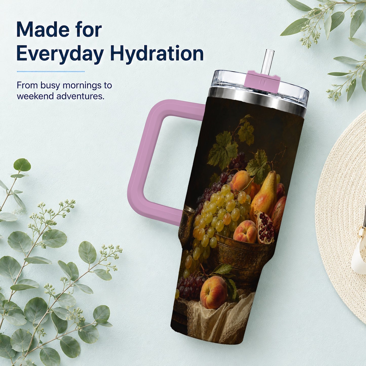 #pl[40oz|Pink] Fruit Still Life 40oz Tumbler with Handle, Vintage Harvest Artwork