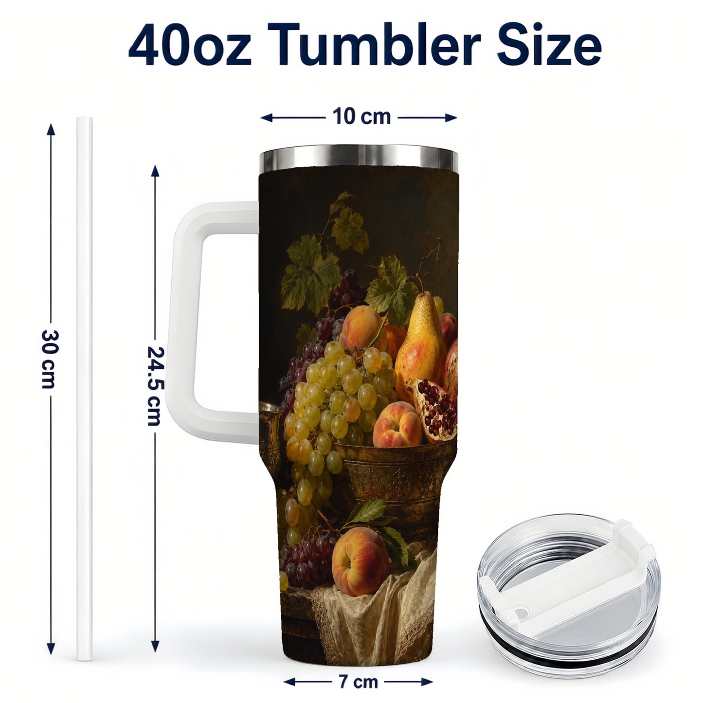 #pl[40oz|White] Fruit Still Life 40oz Tumbler with Handle, Vintage Harvest Artwork
