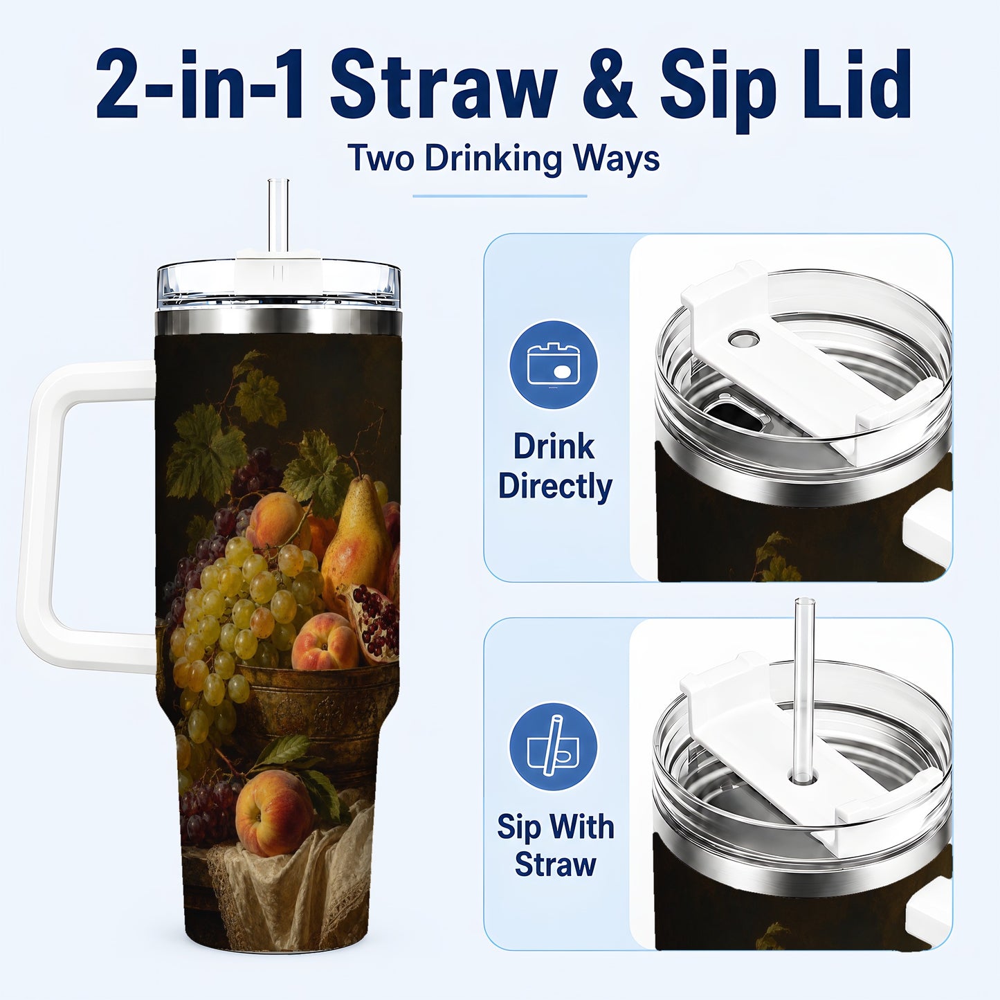 #pl[40oz|White] Fruit Still Life 40oz Tumbler with Handle, Vintage Harvest Artwork