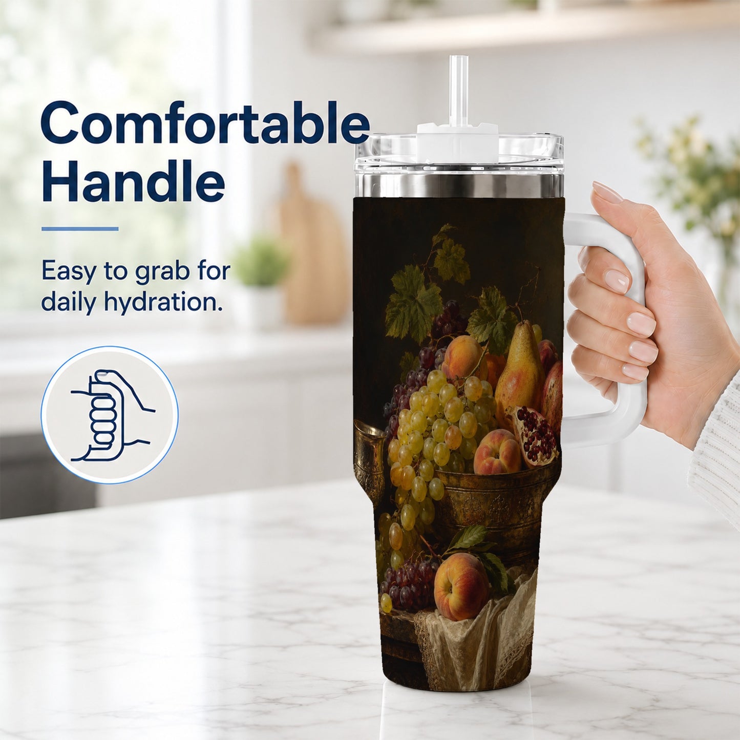 #pl[40oz|White] Fruit Still Life 40oz Tumbler with Handle, Vintage Harvest Artwork