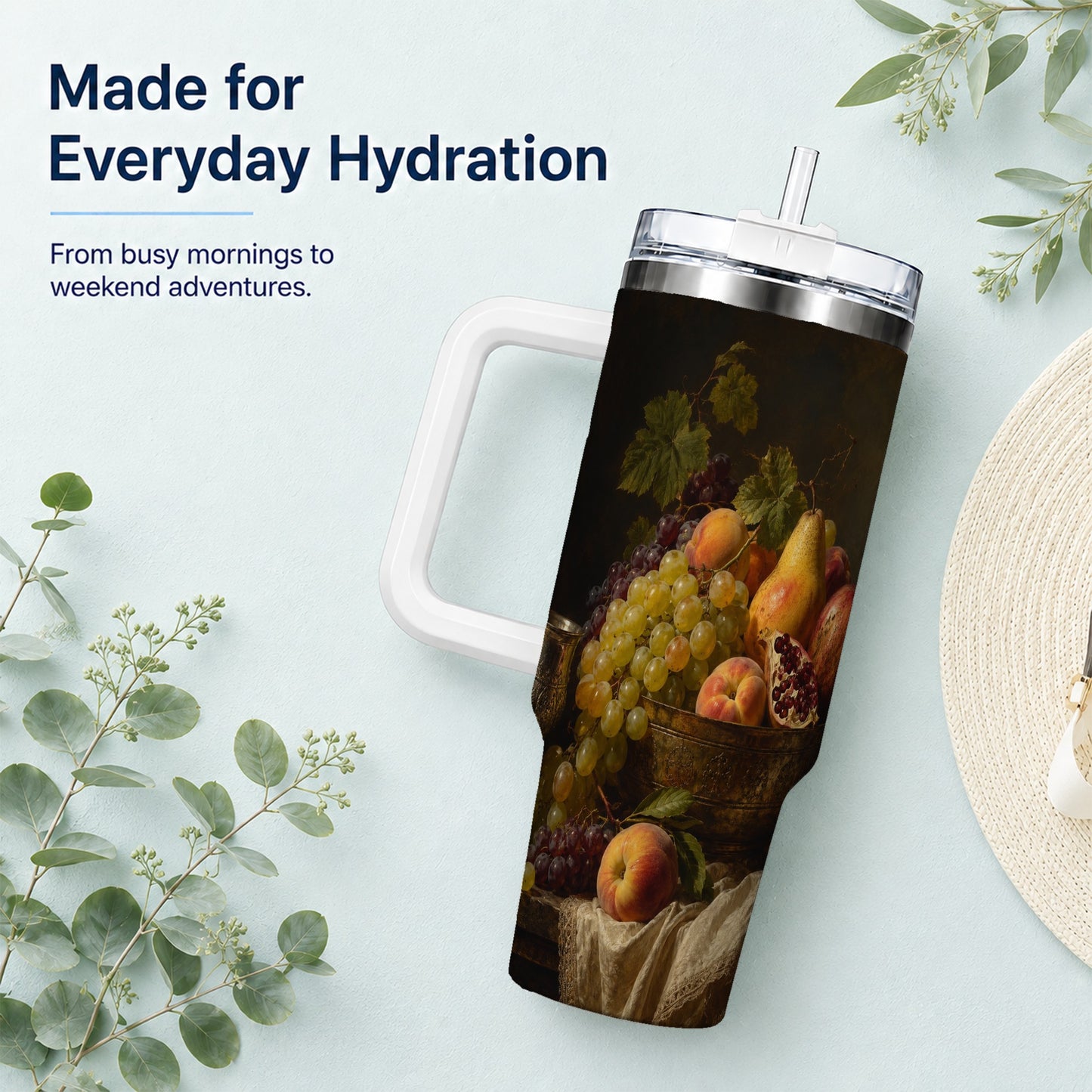 #pl[40oz|White] Fruit Still Life 40oz Tumbler with Handle, Vintage Harvest Artwork
