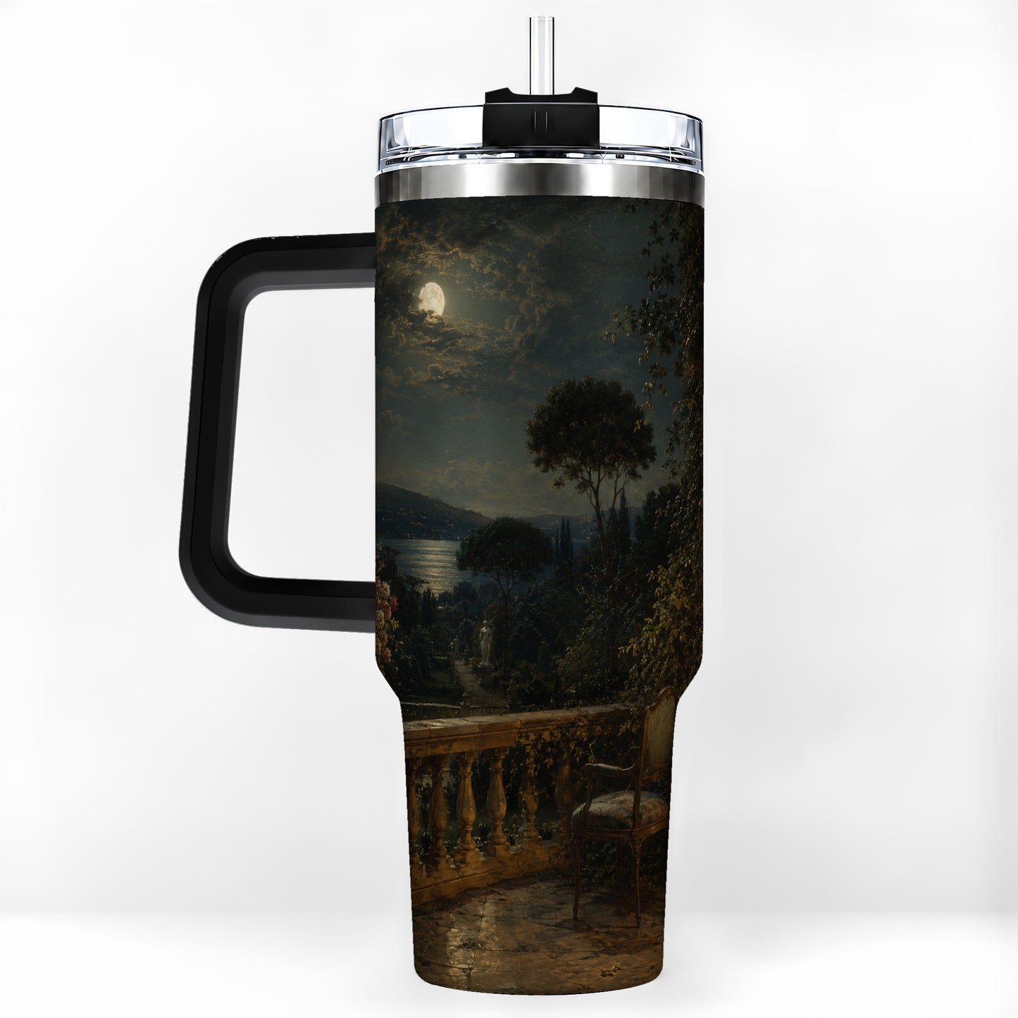 #pl[40oz|Black] Moonlit Terrace 40oz Tumbler with Handle, Romantic Garden Scene