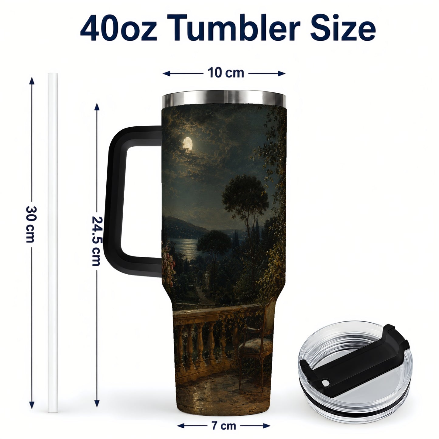 #pl[40oz|Black] Moonlit Terrace 40oz Tumbler with Handle, Romantic Garden Scene