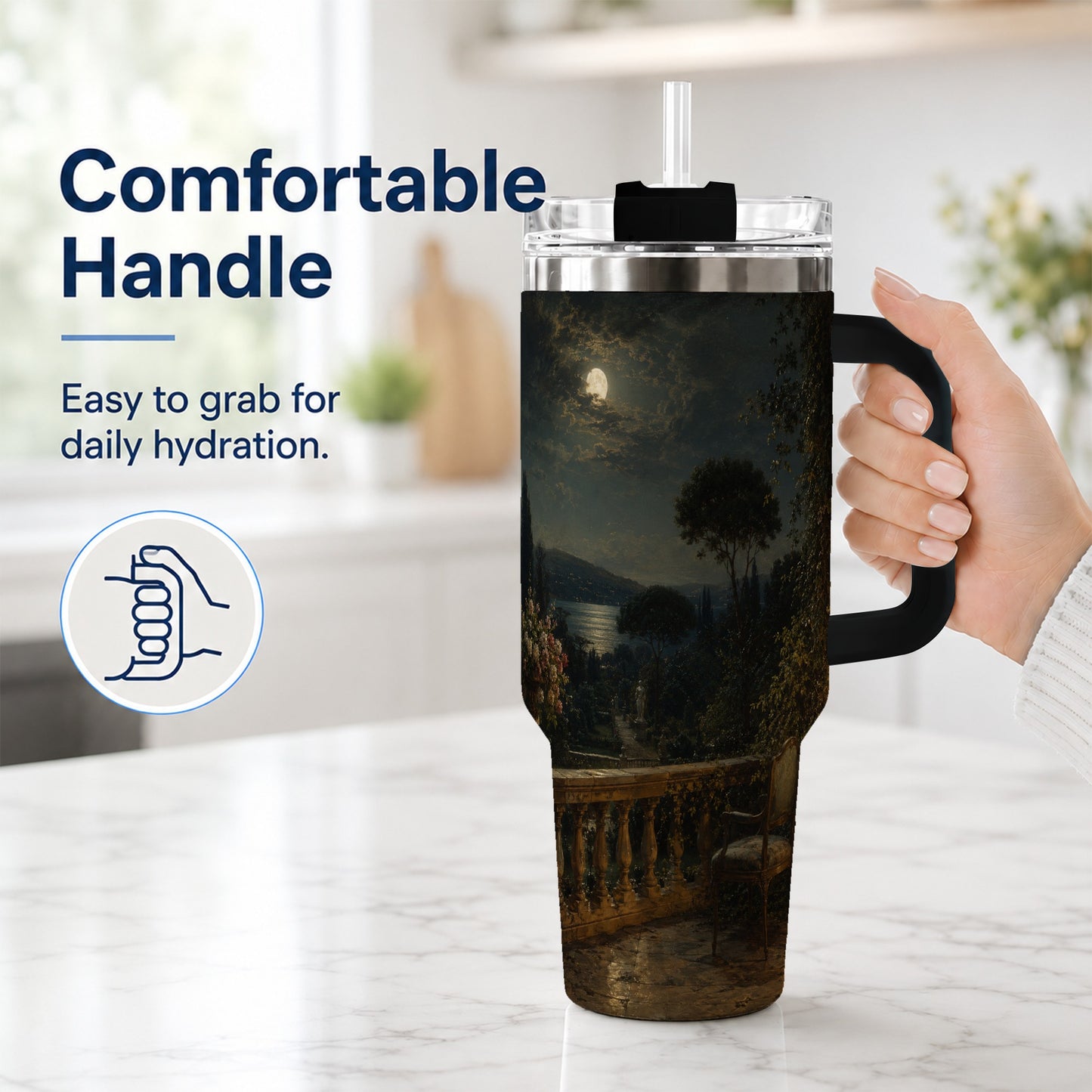 #pl[40oz|Black] Moonlit Terrace 40oz Tumbler with Handle, Romantic Garden Scene