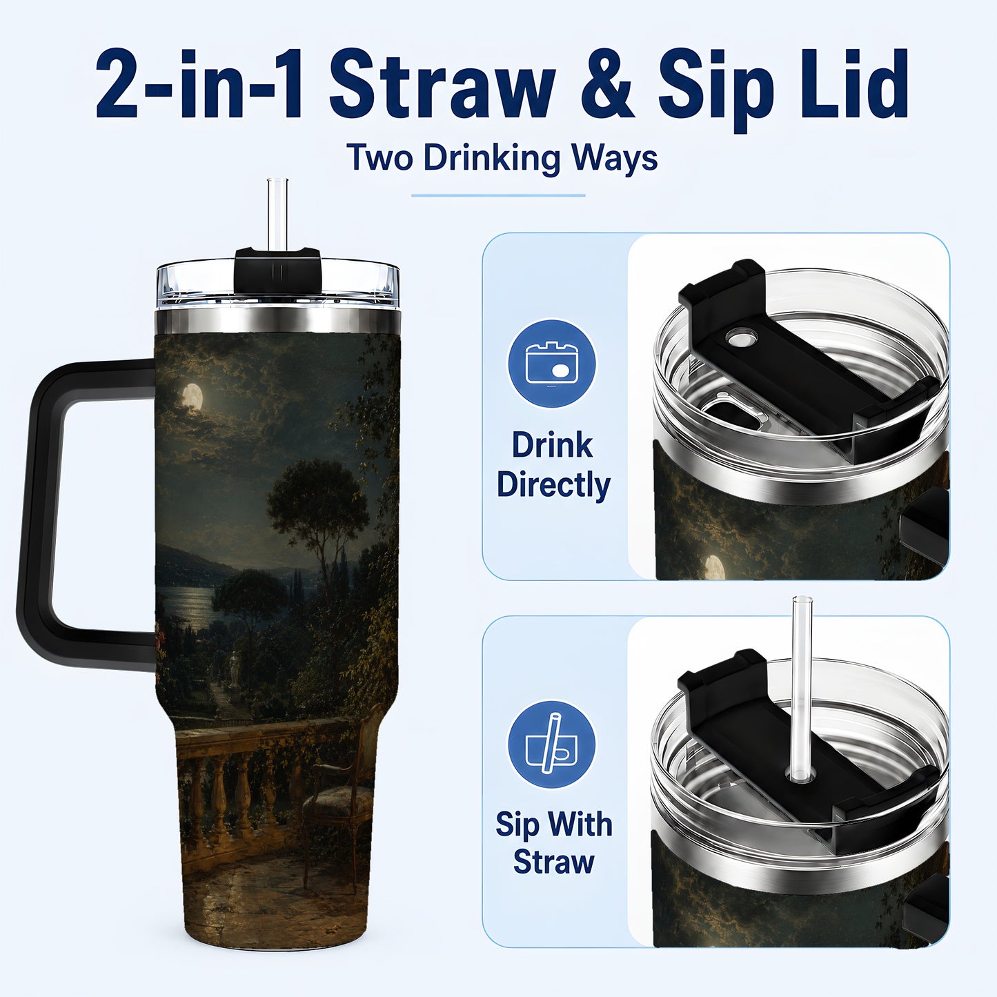 #pl[40oz|Black] Moonlit Terrace 40oz Tumbler with Handle, Romantic Garden Scene