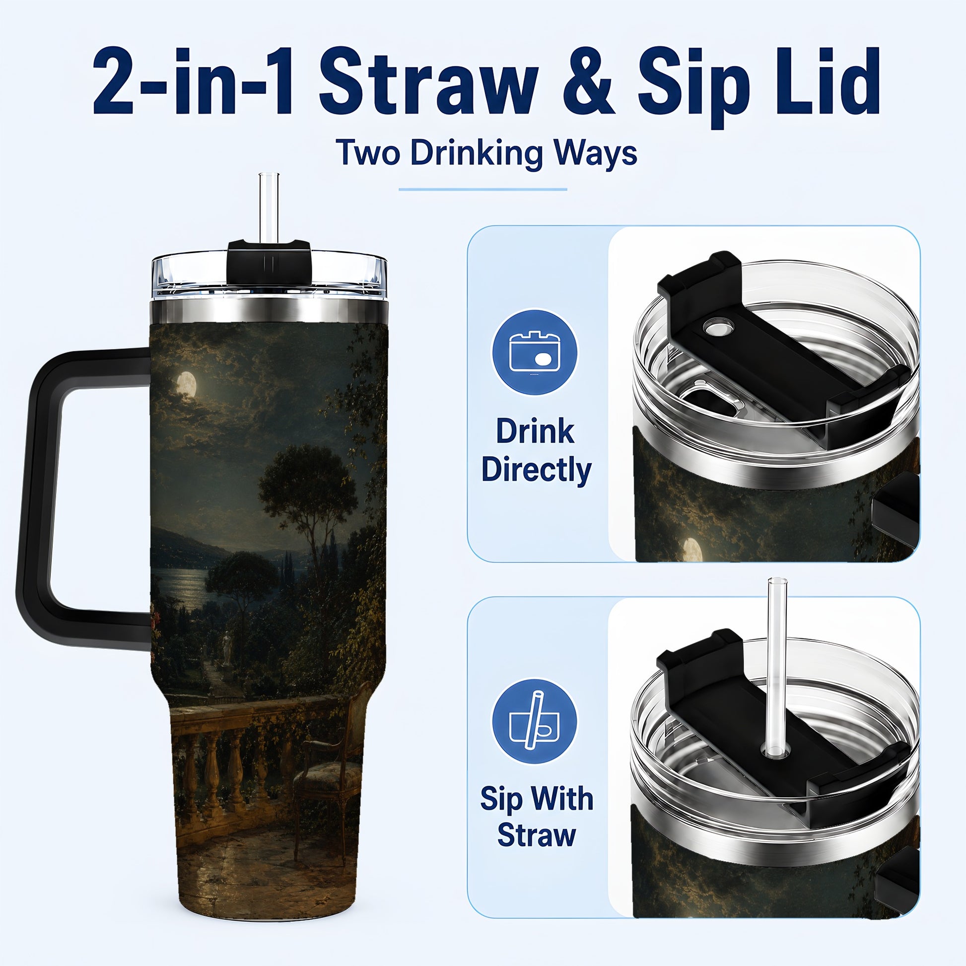 #pl[40oz|Black] Moonlit Terrace 40oz Tumbler with Handle, Romantic Garden Scene