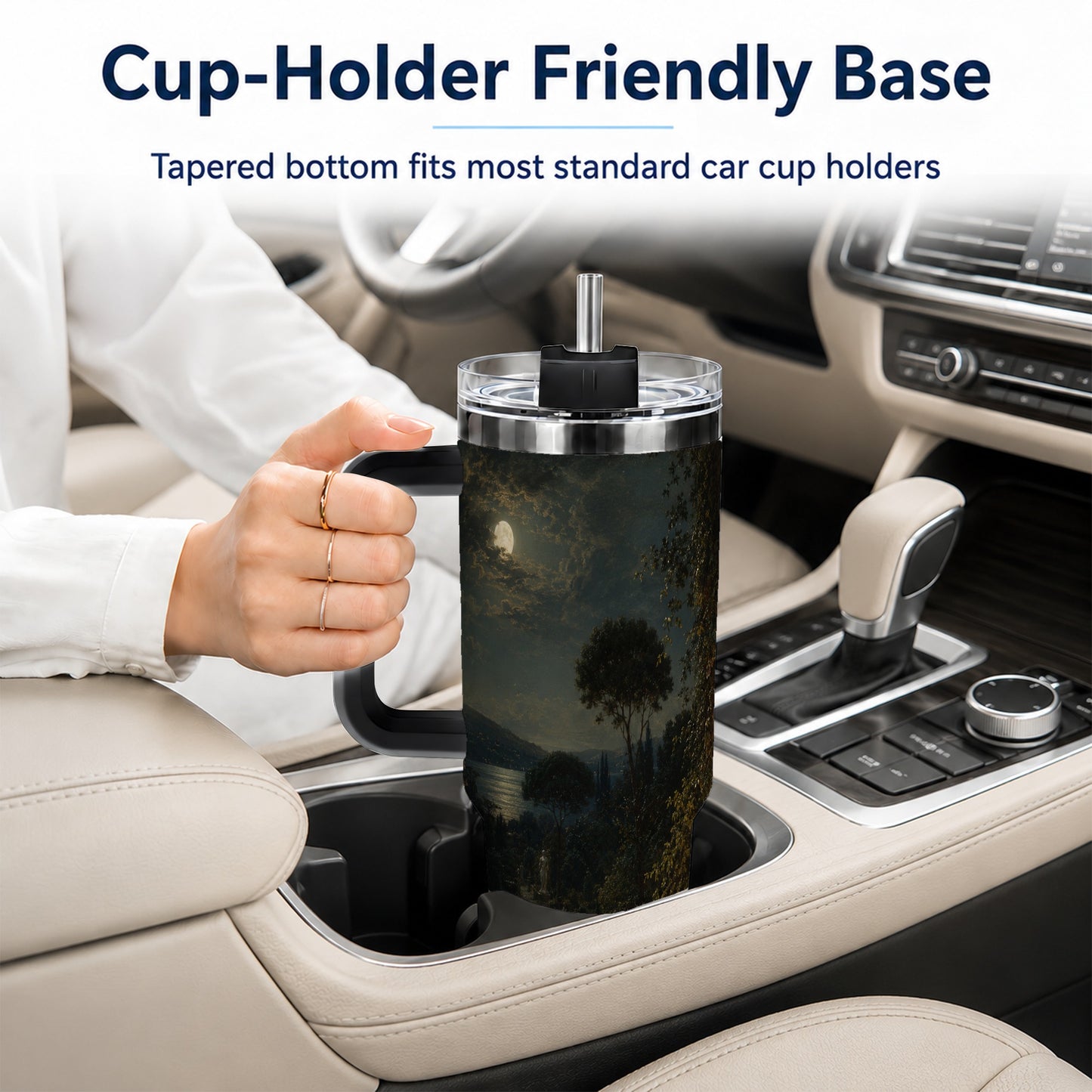 #pl[40oz|Black] Moonlit Terrace 40oz Tumbler with Handle, Romantic Garden Scene