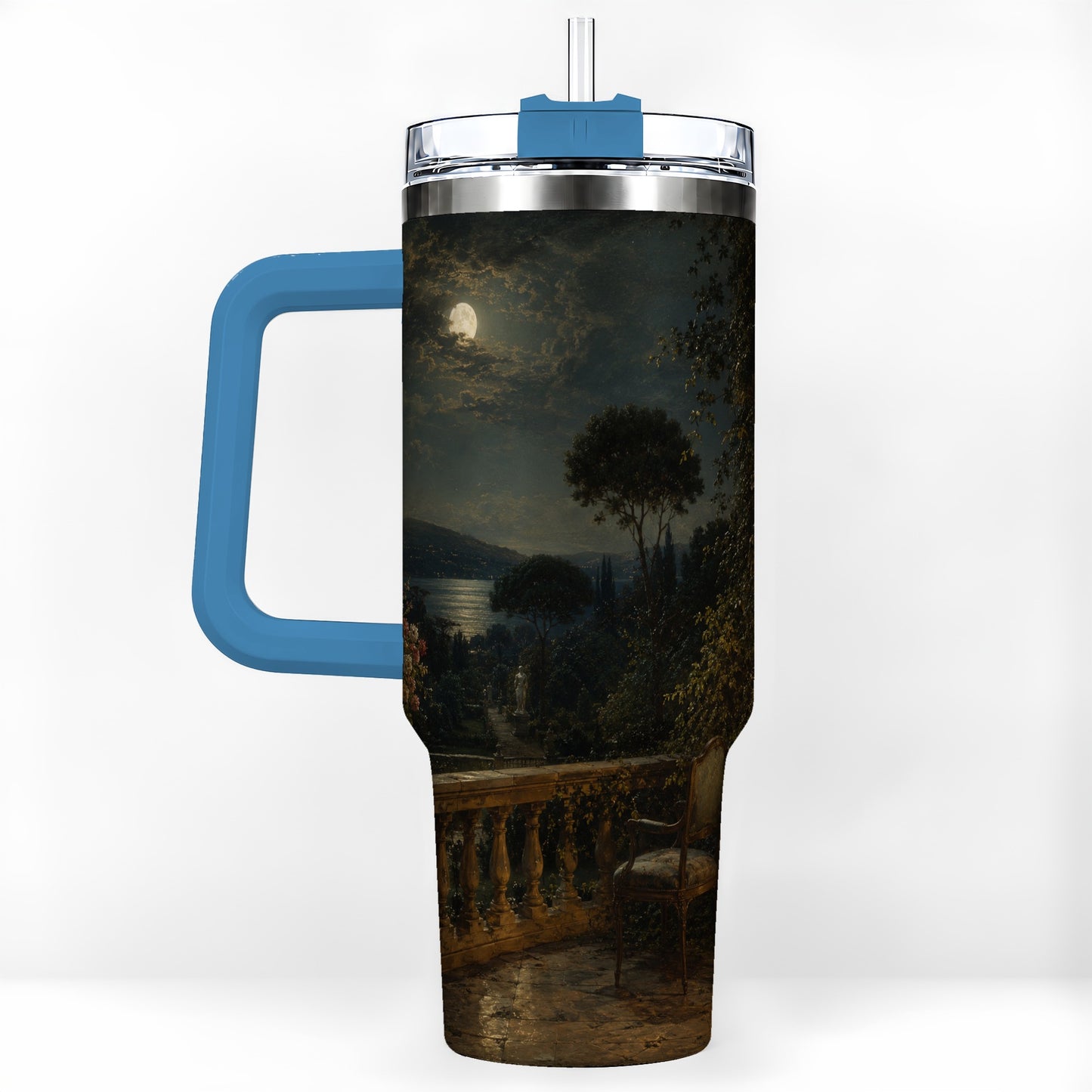 #pl[40oz|Blue] Moonlit Terrace 40oz Tumbler with Handle, Romantic Garden Scene