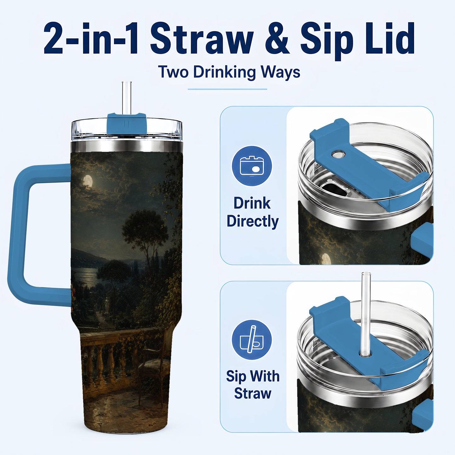 #pl[40oz|Blue] Moonlit Terrace 40oz Tumbler with Handle, Romantic Garden Scene