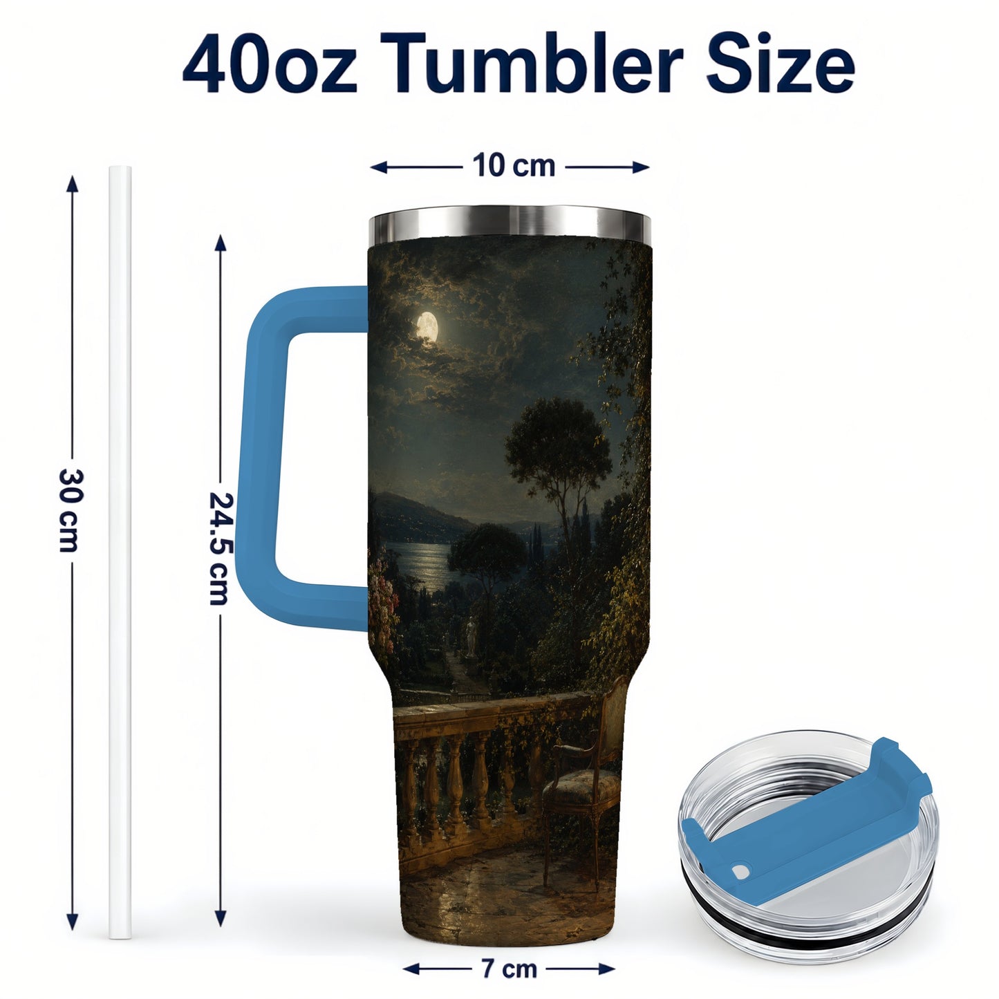 #pl[40oz|Blue] Moonlit Terrace 40oz Tumbler with Handle, Romantic Garden Scene