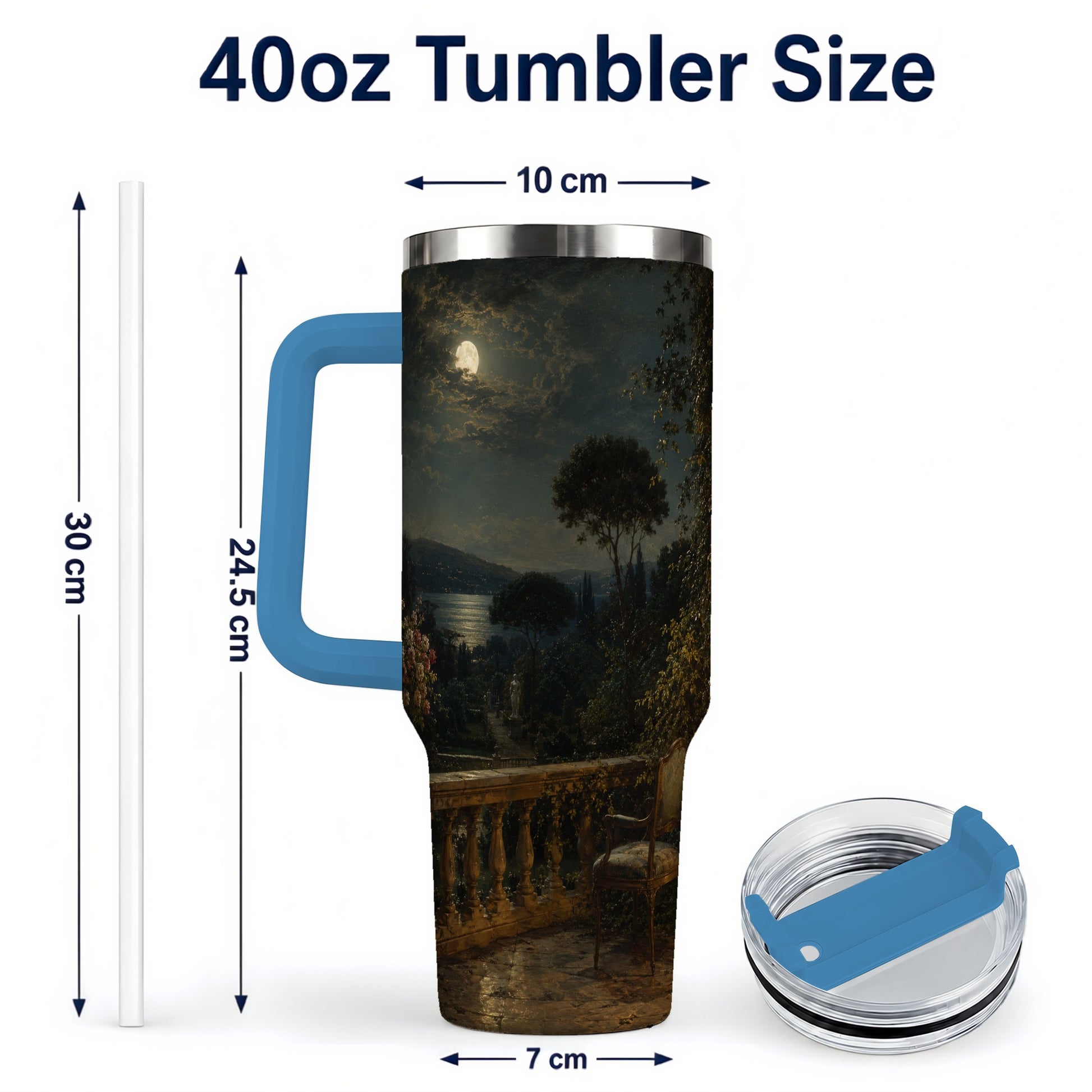 #pl[40oz|Blue] Moonlit Terrace 40oz Tumbler with Handle, Romantic Garden Scene