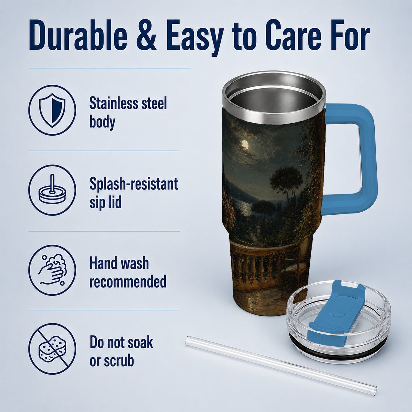 #pl[40oz|Blue] Moonlit Terrace 40oz Tumbler with Handle, Romantic Garden Scene