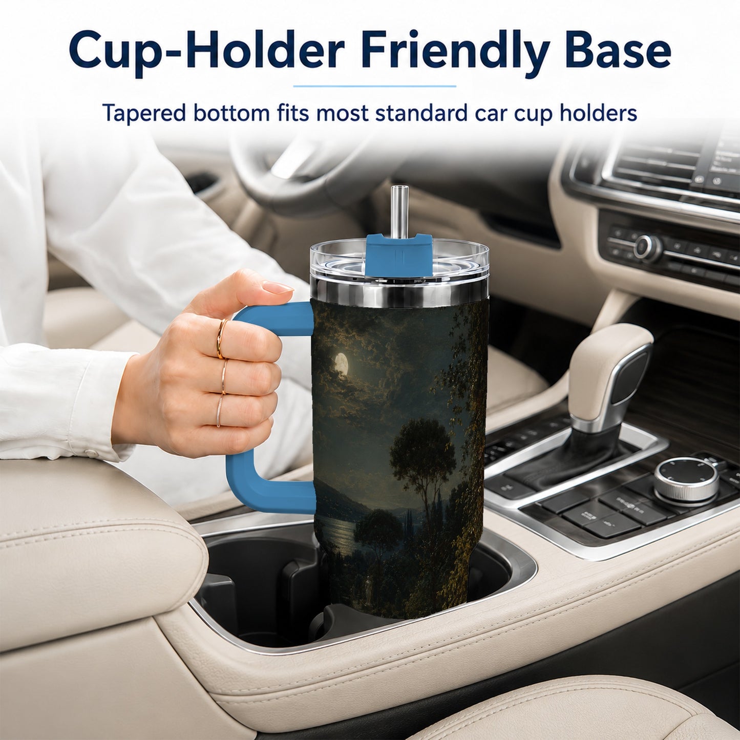 #pl[40oz|Blue] Moonlit Terrace 40oz Tumbler with Handle, Romantic Garden Scene