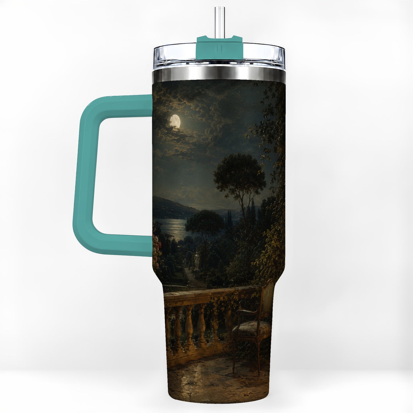 #pl[40oz|Green] Moonlit Terrace 40oz Tumbler with Handle, Romantic Garden Scene