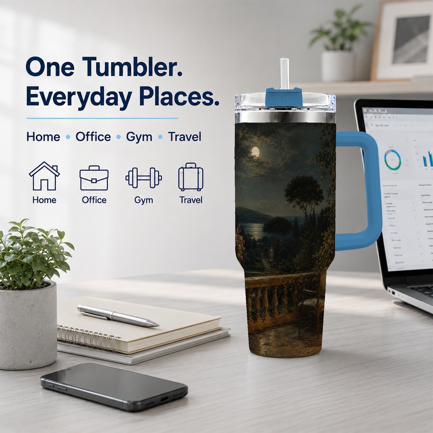 #pl[40oz|Blue] Moonlit Terrace 40oz Tumbler with Handle, Romantic Garden Scene
