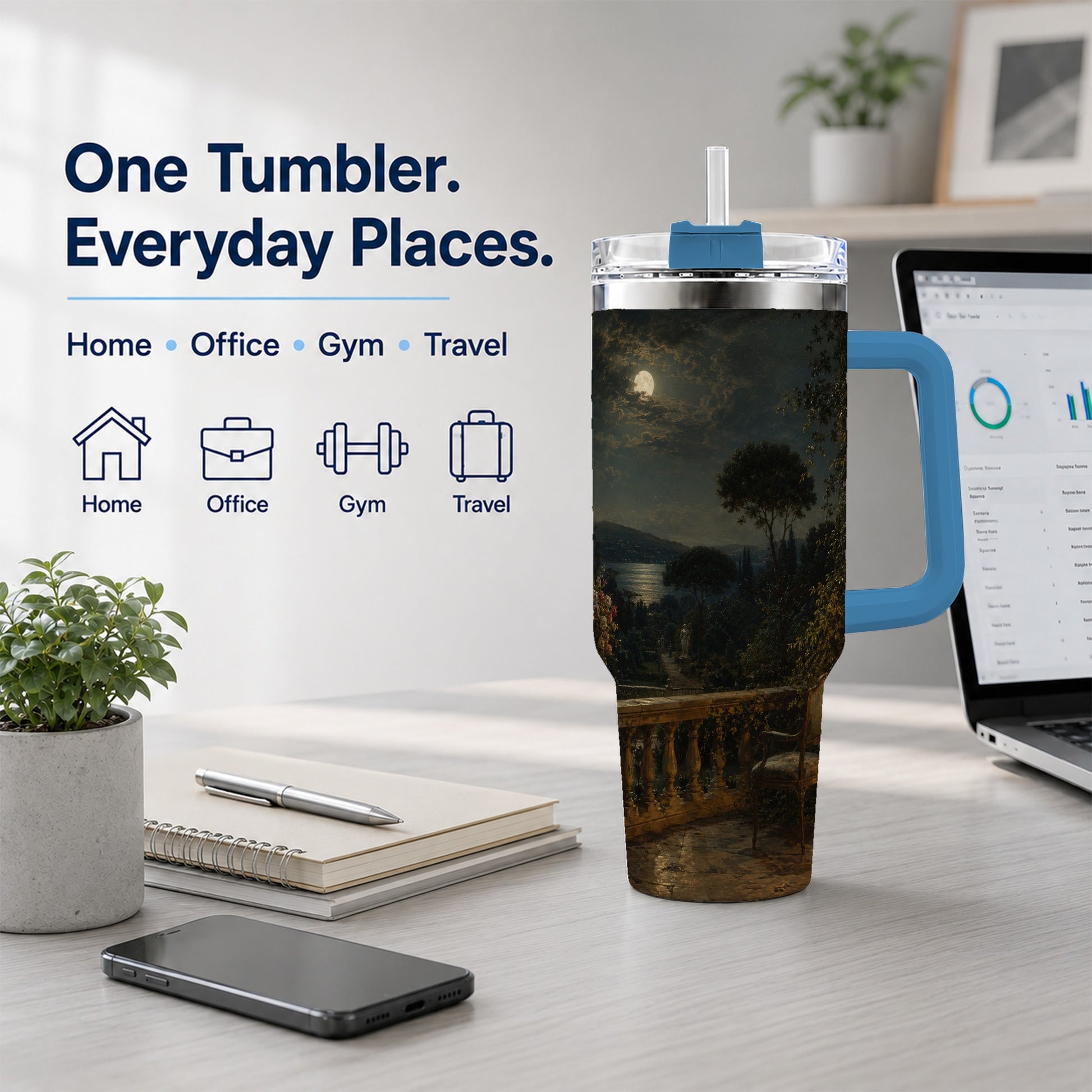 #pl[40oz|Blue] Moonlit Terrace 40oz Tumbler with Handle, Romantic Garden Scene