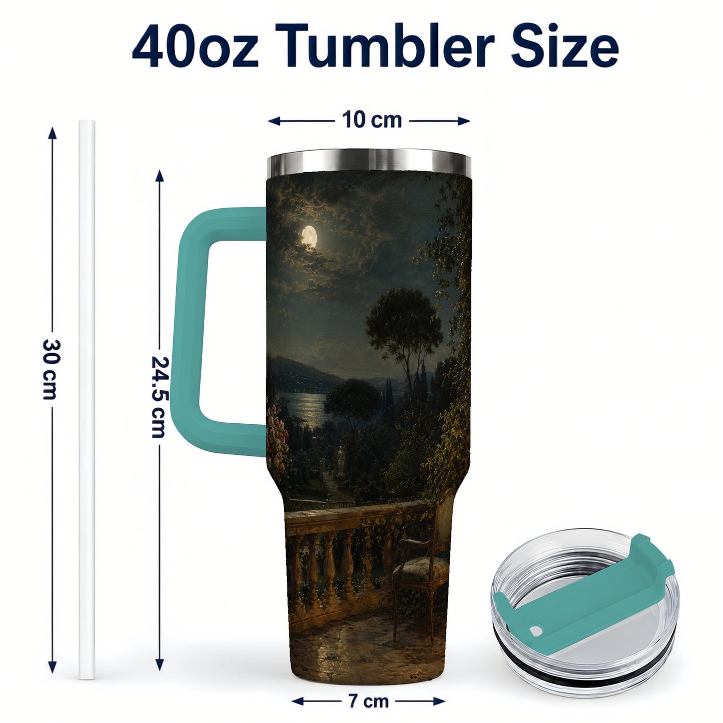 #pl[40oz|Green] Moonlit Terrace 40oz Tumbler with Handle, Romantic Garden Scene