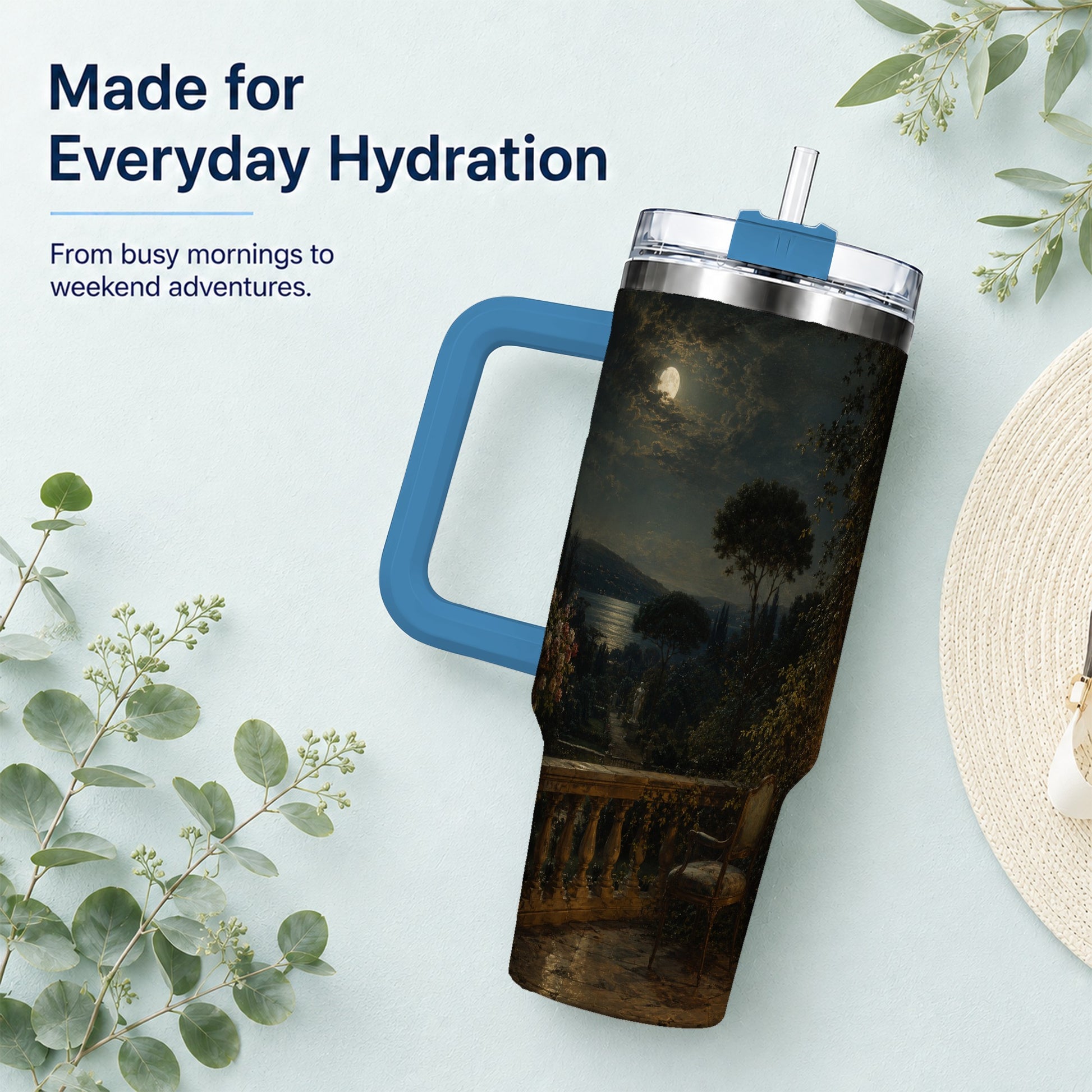 #pl[40oz|Blue] Moonlit Terrace 40oz Tumbler with Handle, Romantic Garden Scene