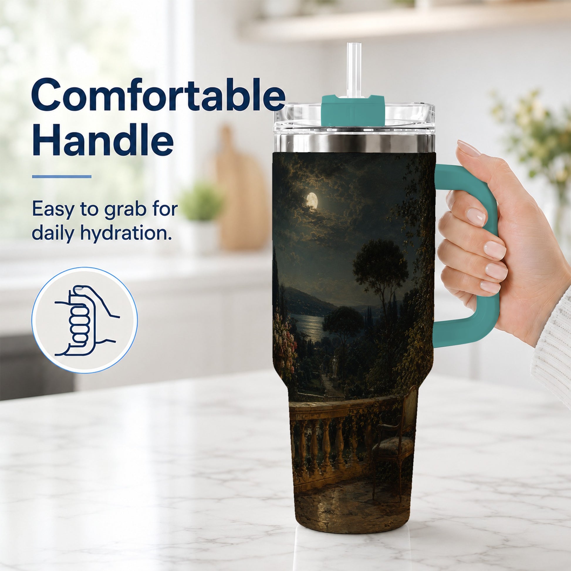 #pl[40oz|Green] Moonlit Terrace 40oz Tumbler with Handle, Romantic Garden Scene