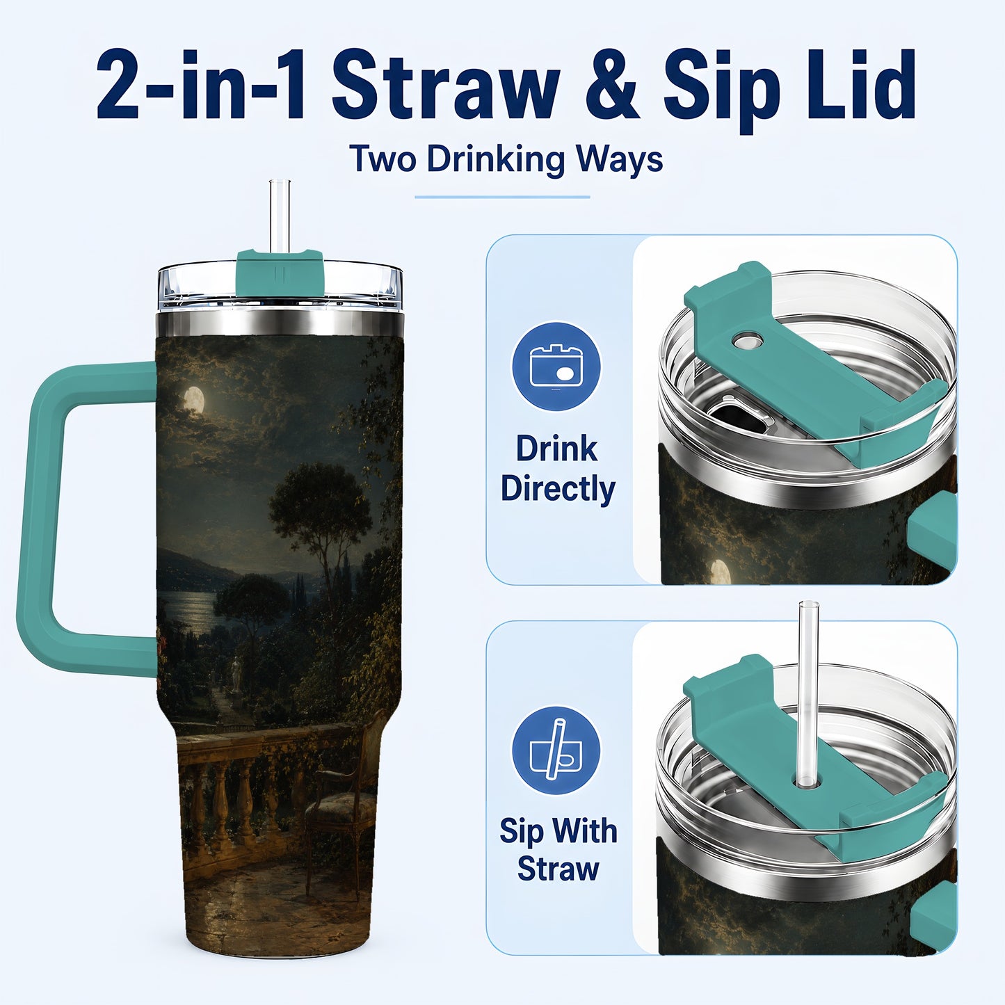 #pl[40oz|Green] Moonlit Terrace 40oz Tumbler with Handle, Romantic Garden Scene