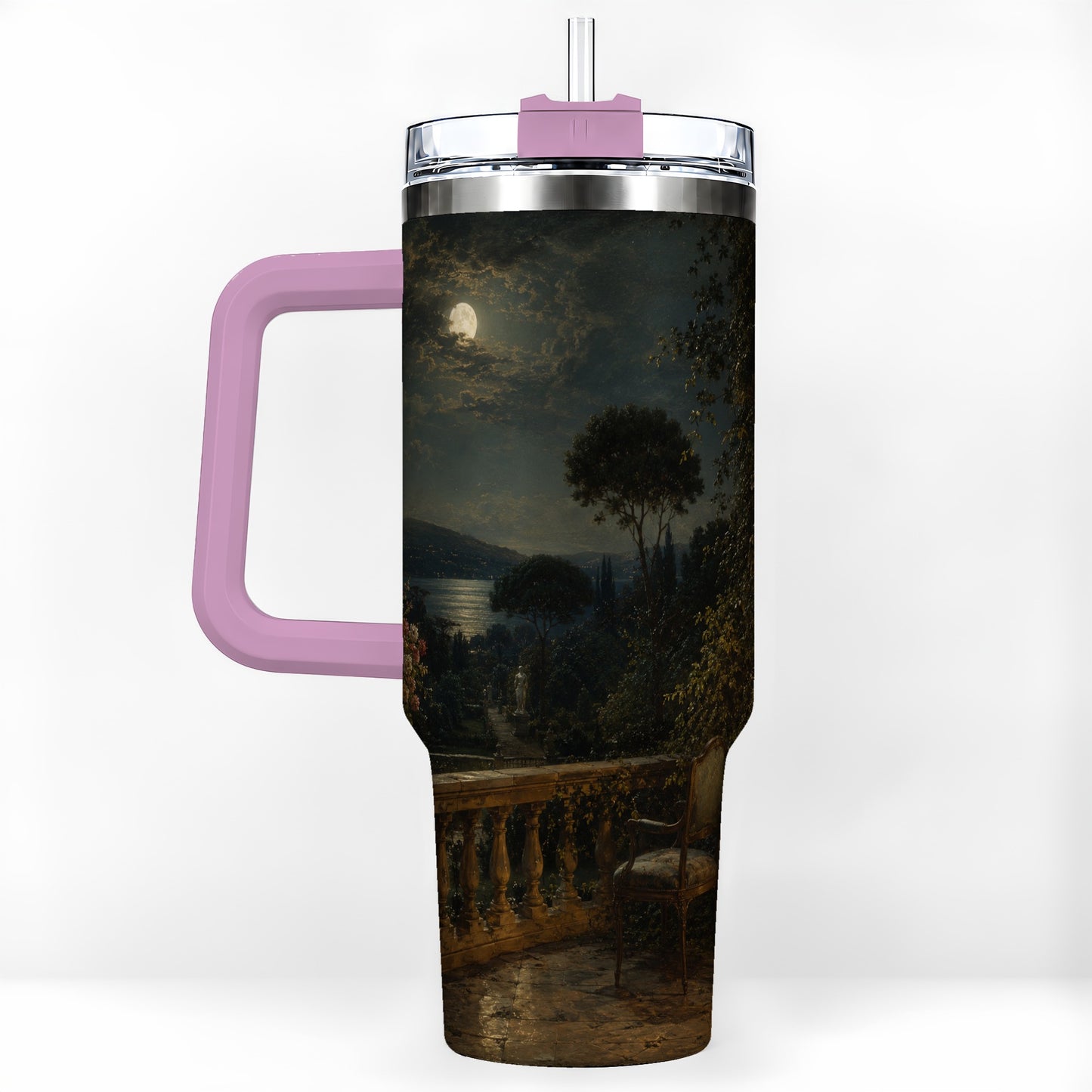 #pl[40oz|Pink] Moonlit Terrace 40oz Tumbler with Handle, Romantic Garden Scene