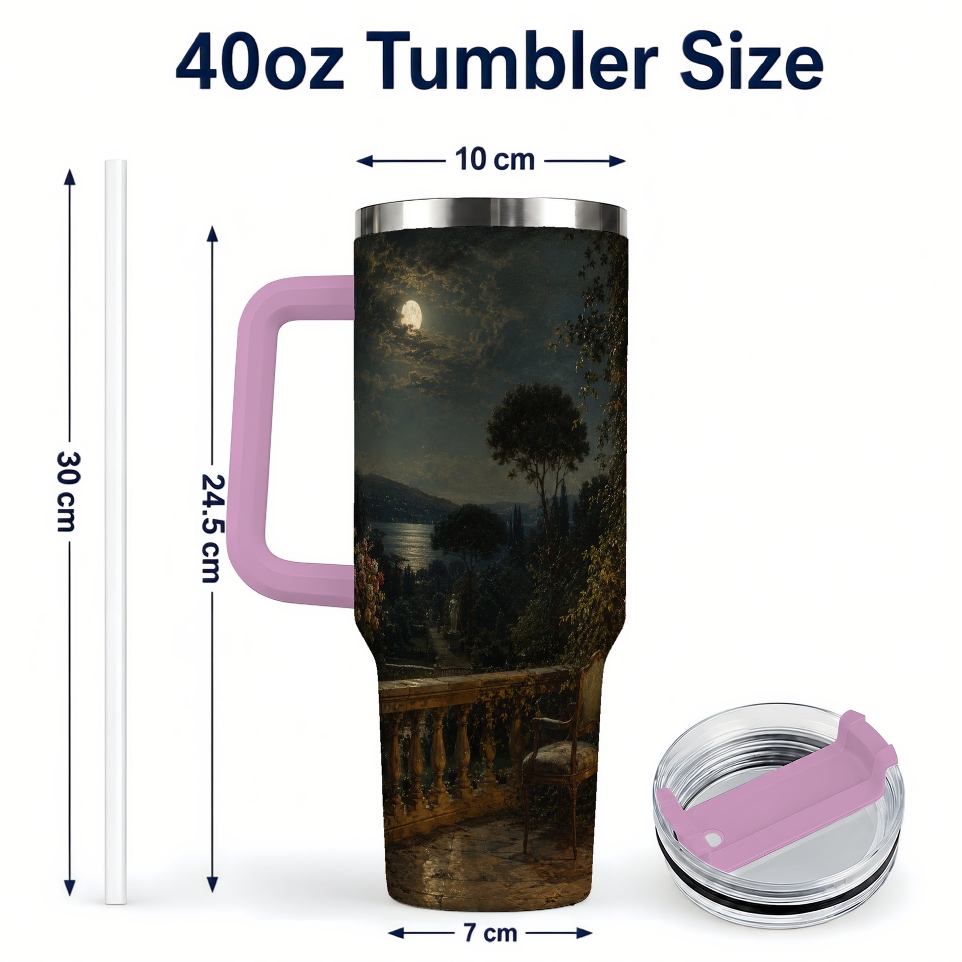 #pl[40oz|Pink] Moonlit Terrace 40oz Tumbler with Handle, Romantic Garden Scene