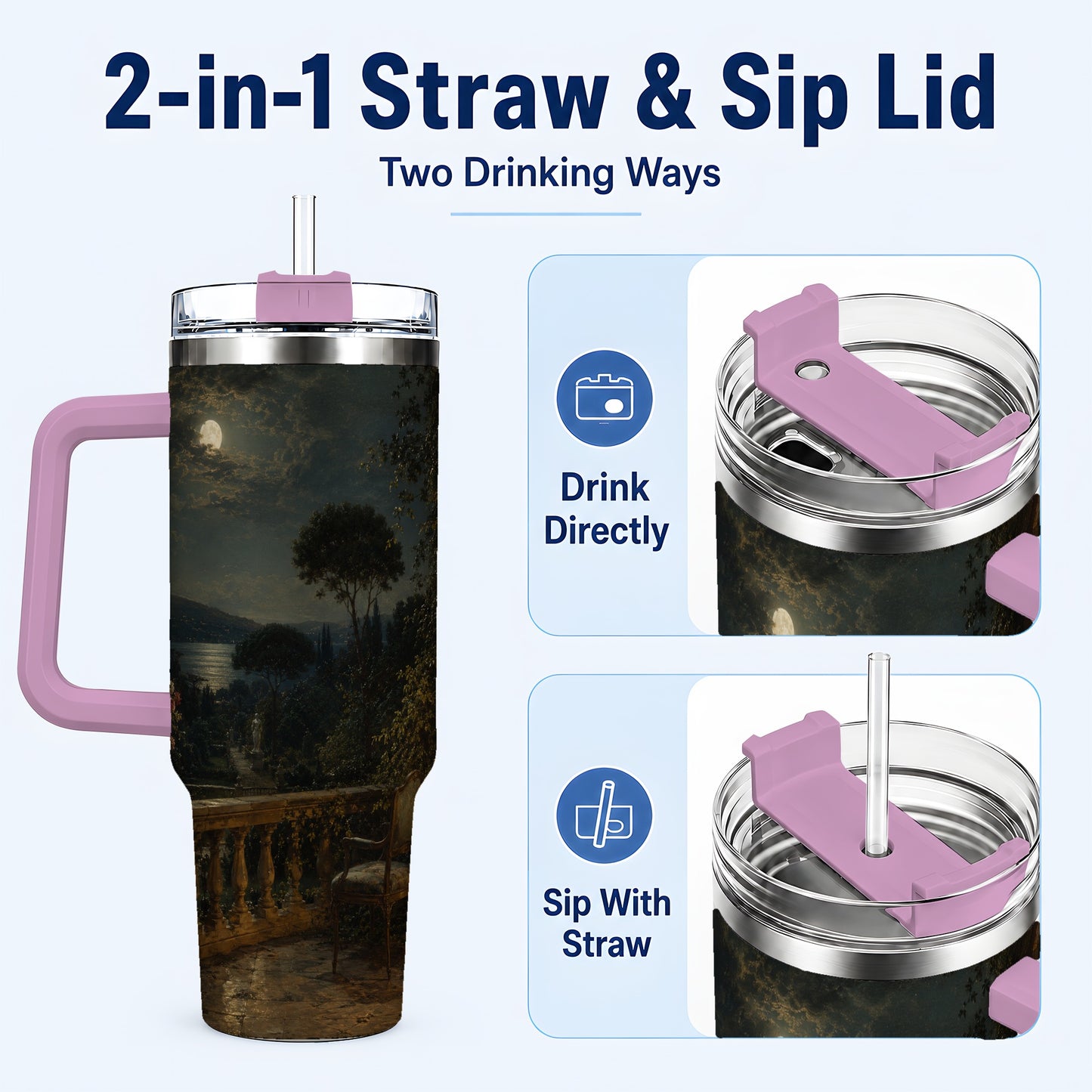 #pl[40oz|Pink] Moonlit Terrace 40oz Tumbler with Handle, Romantic Garden Scene