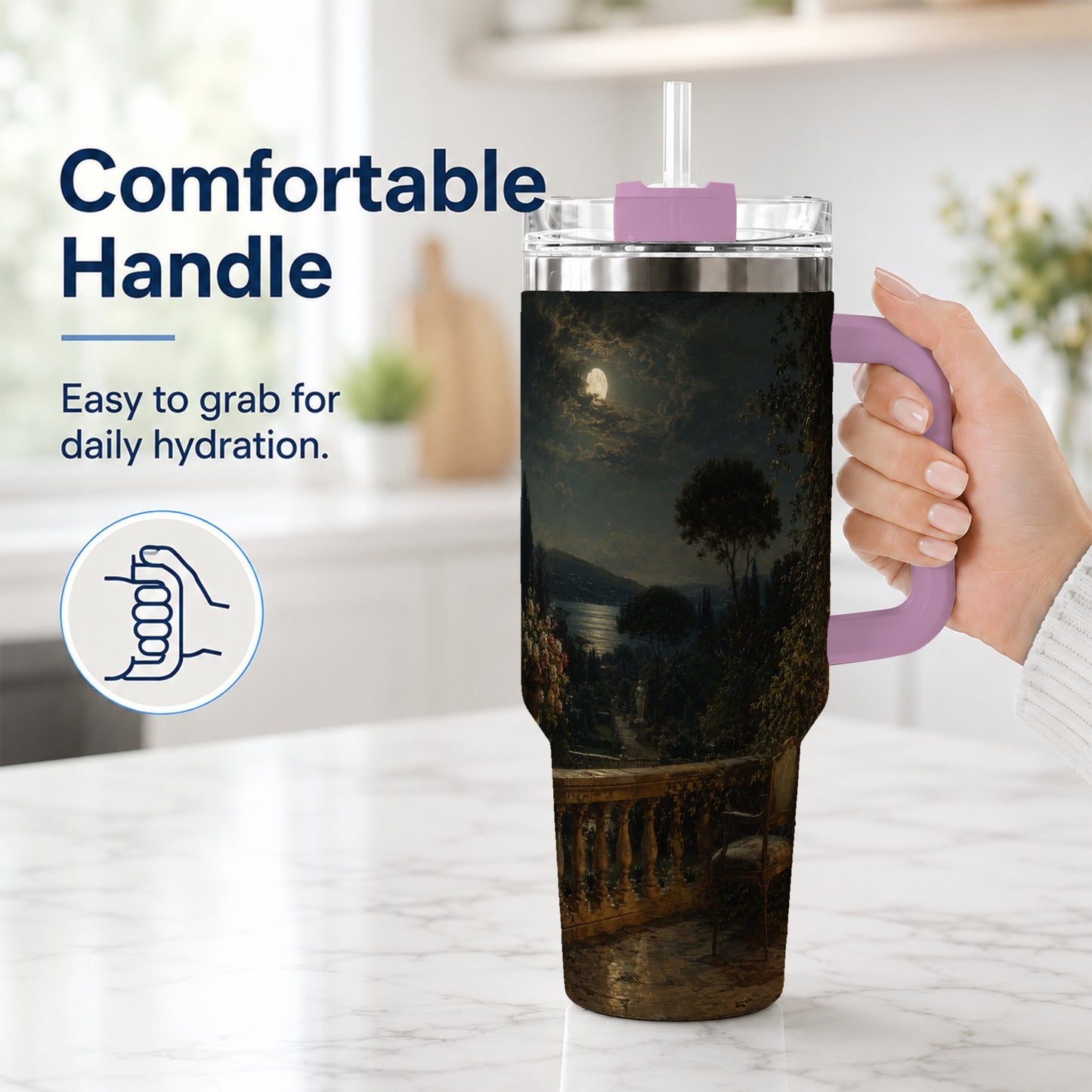 #pl[40oz|Pink] Moonlit Terrace 40oz Tumbler with Handle, Romantic Garden Scene