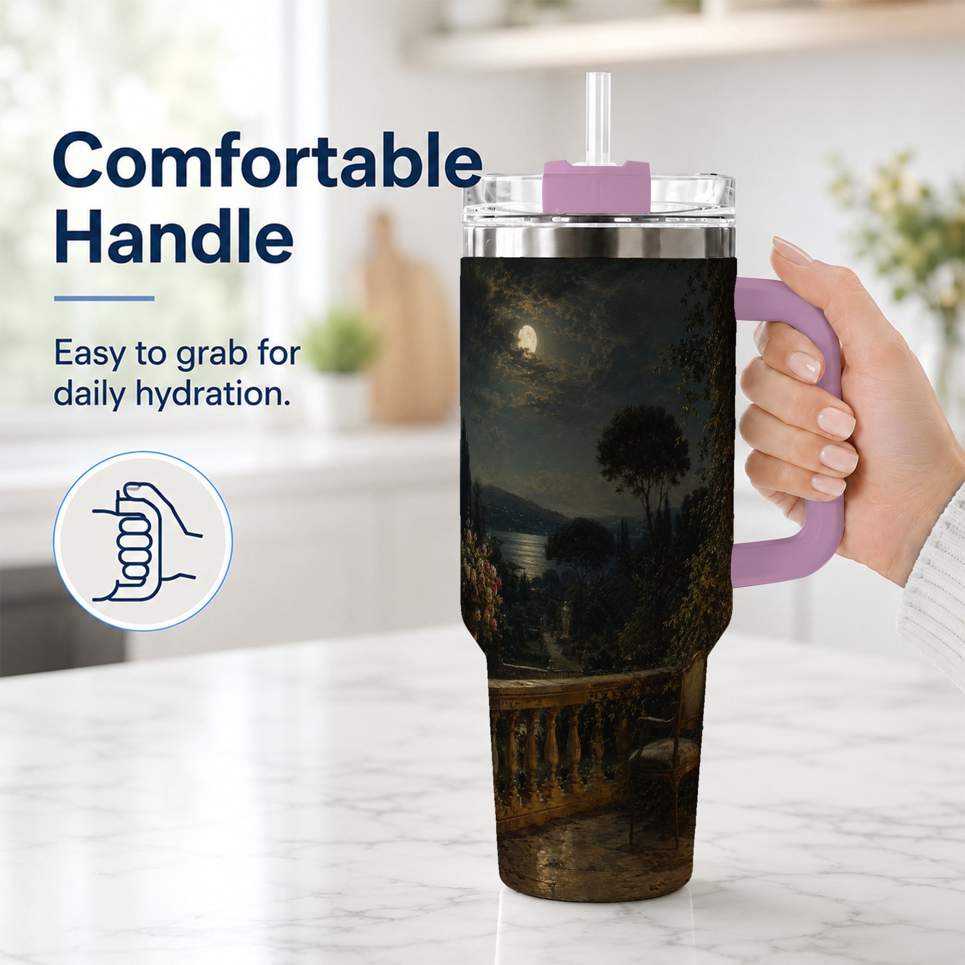 #pl[40oz|Pink] Moonlit Terrace 40oz Tumbler with Handle, Romantic Garden Scene