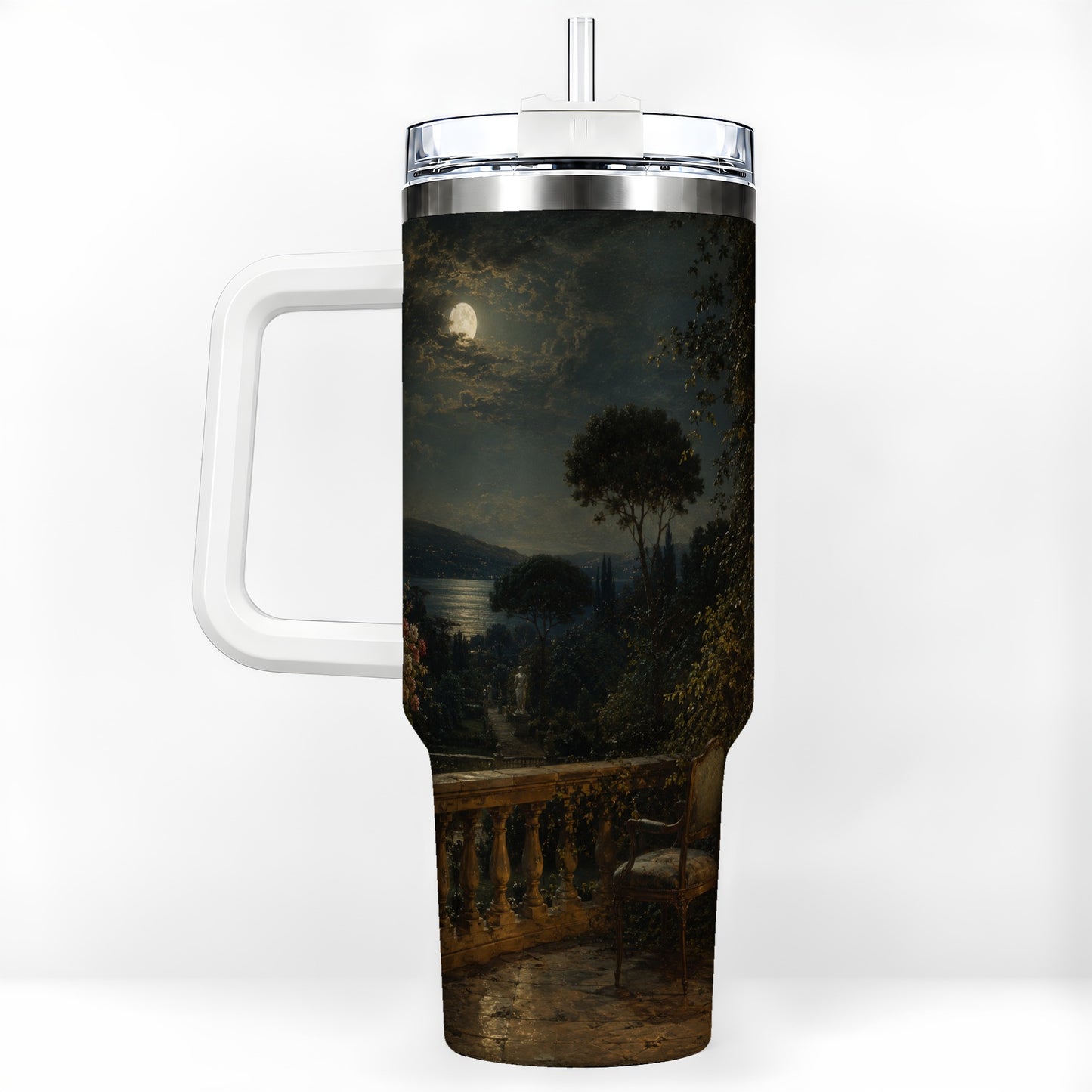 Moonlit Terrace 40oz Tumbler with Handle, Romantic Garden Scene