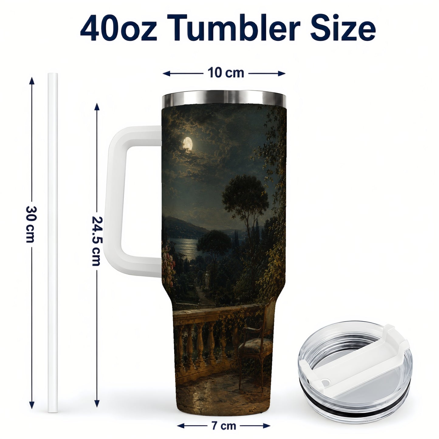 #pl[40oz|White] Moonlit Terrace 40oz Tumbler with Handle, Romantic Garden Scene