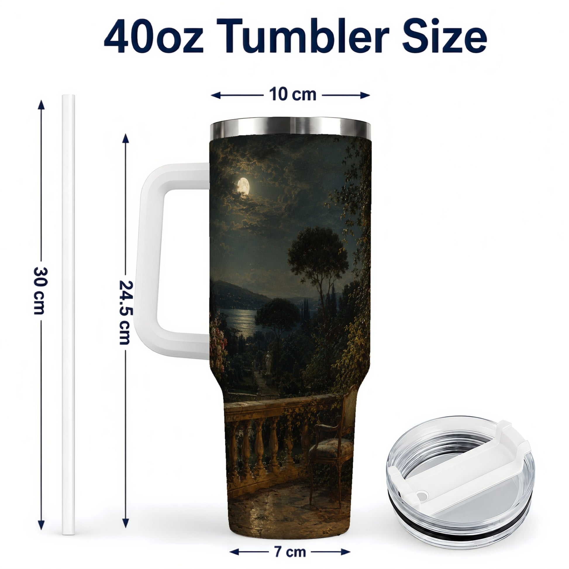#pl[40oz|White] Moonlit Terrace 40oz Tumbler with Handle, Romantic Garden Scene