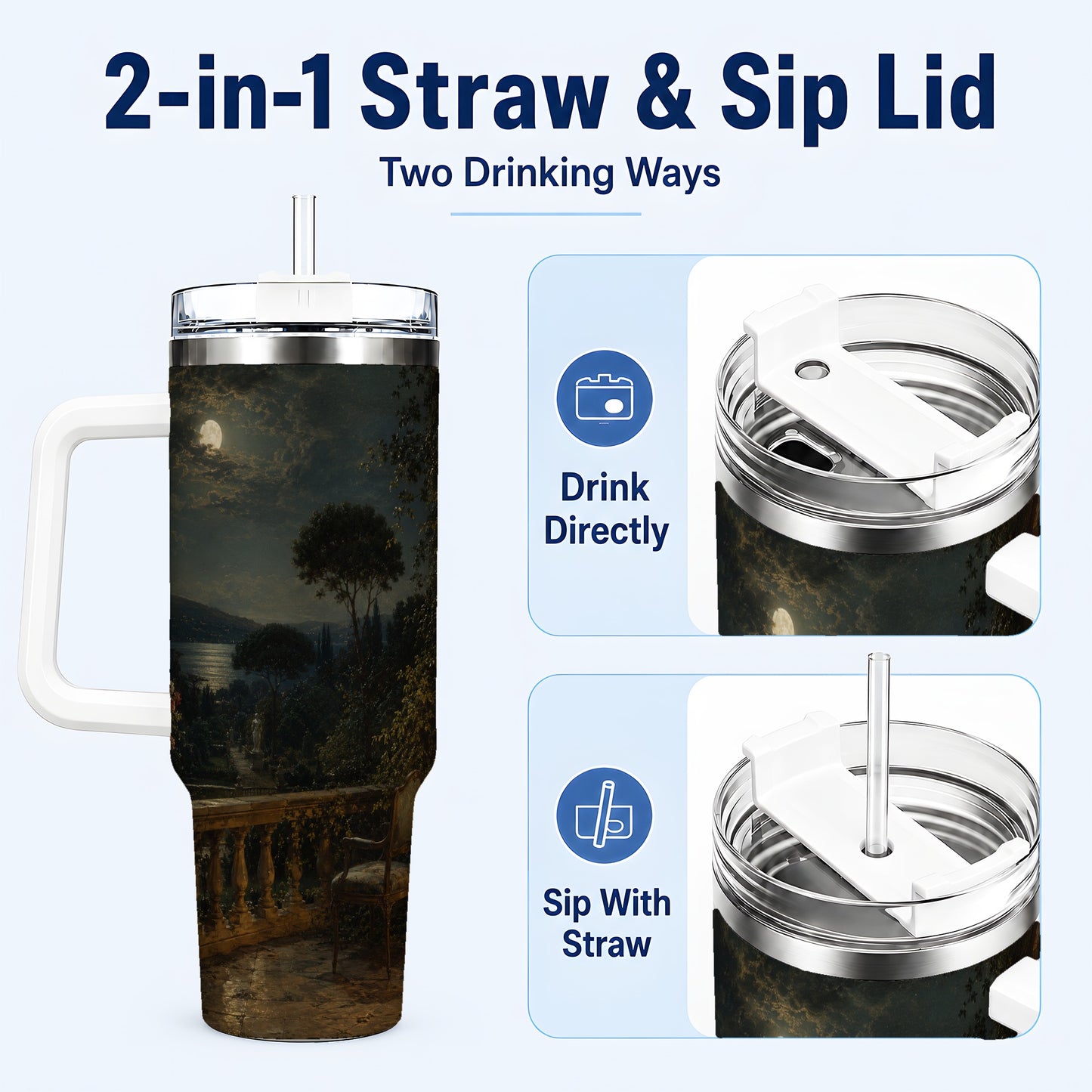 #pl[40oz|White] Moonlit Terrace 40oz Tumbler with Handle, Romantic Garden Scene