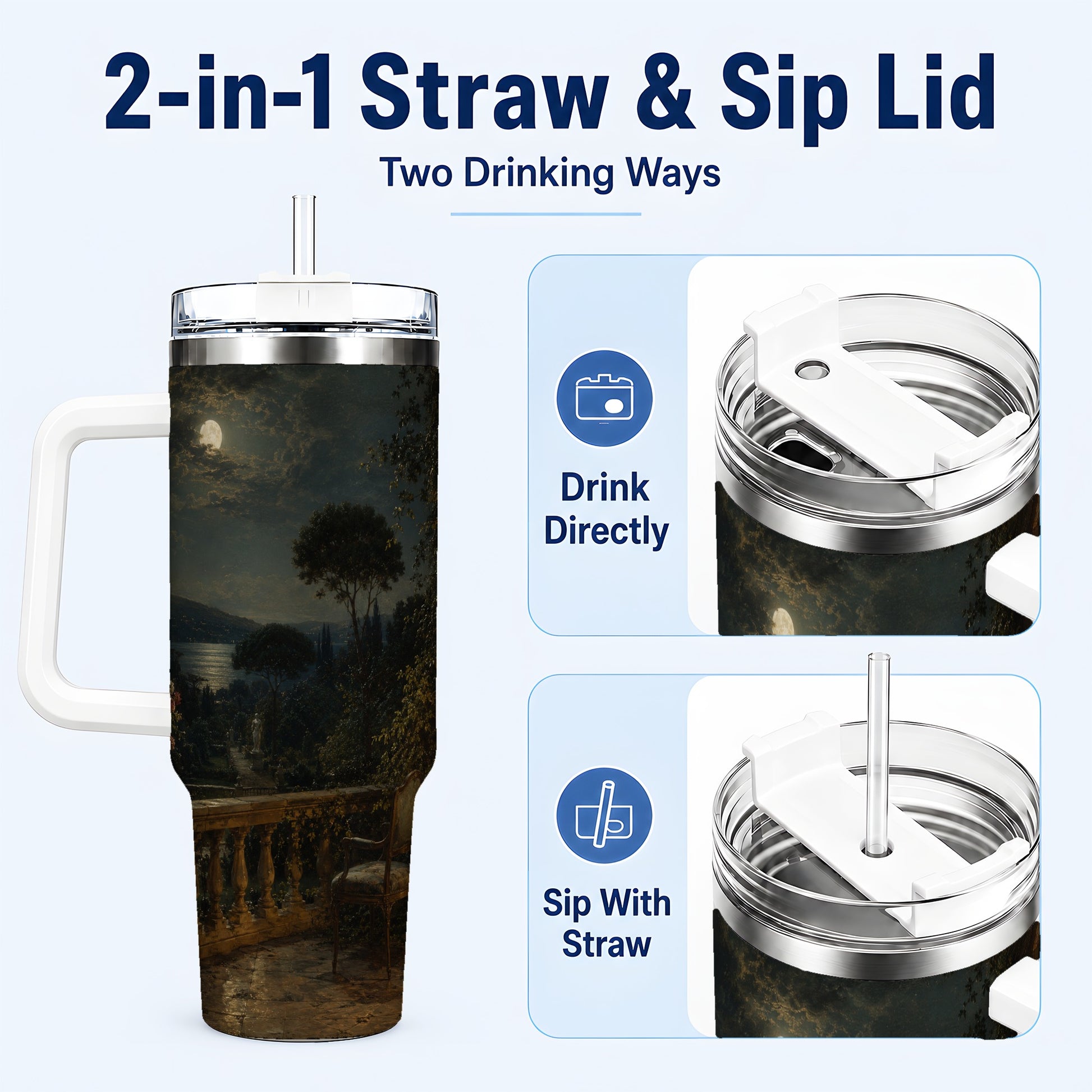 #pl[40oz|White] Moonlit Terrace 40oz Tumbler with Handle, Romantic Garden Scene