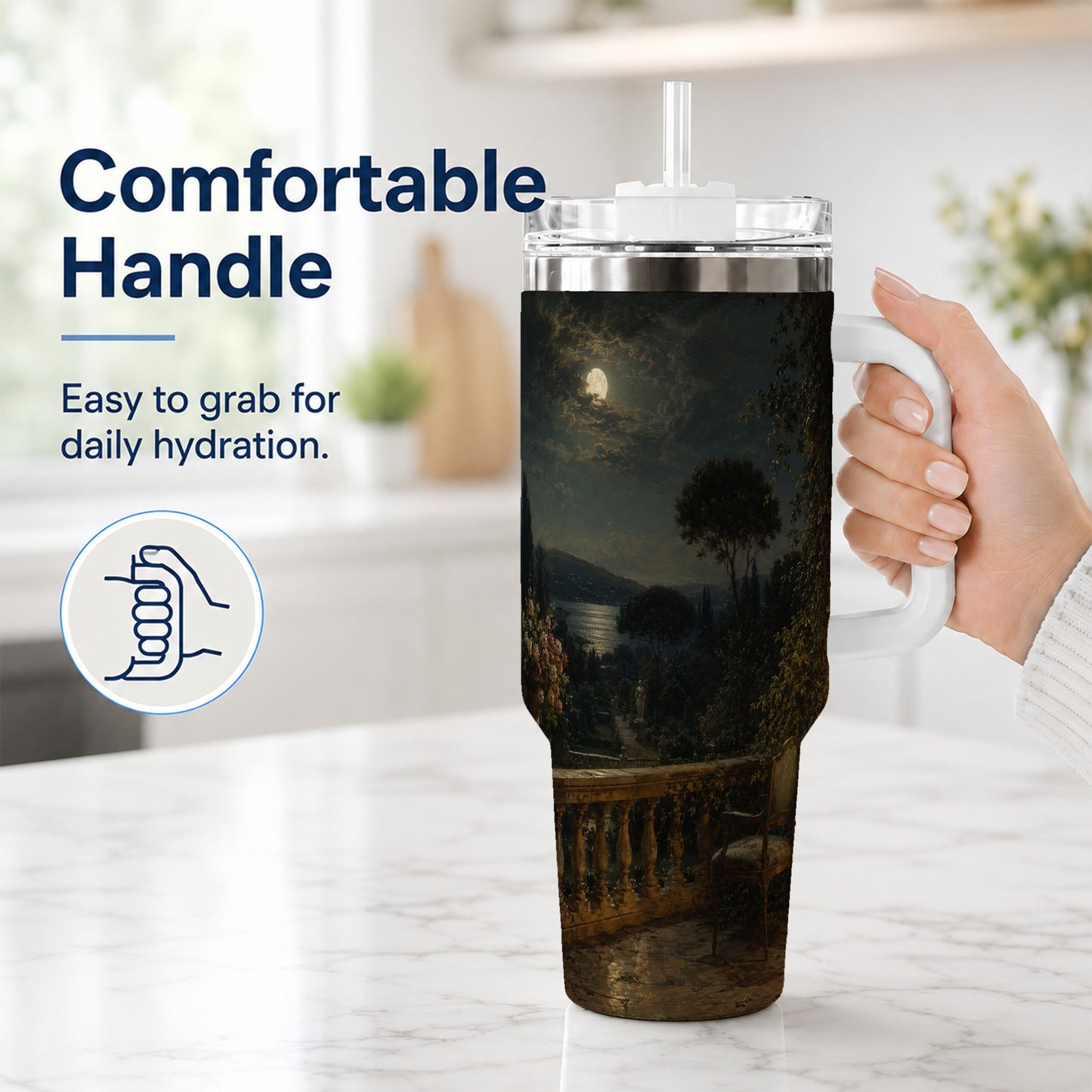 #pl[40oz|White] Moonlit Terrace 40oz Tumbler with Handle, Romantic Garden Scene