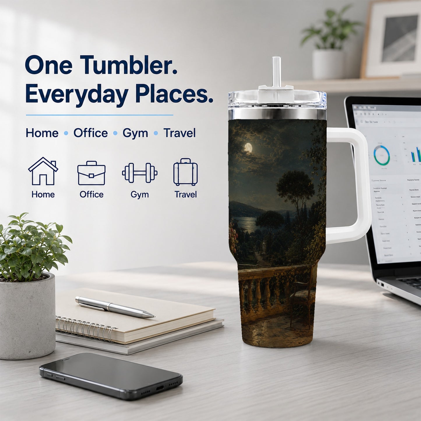 #pl[40oz|White] Moonlit Terrace 40oz Tumbler with Handle, Romantic Garden Scene