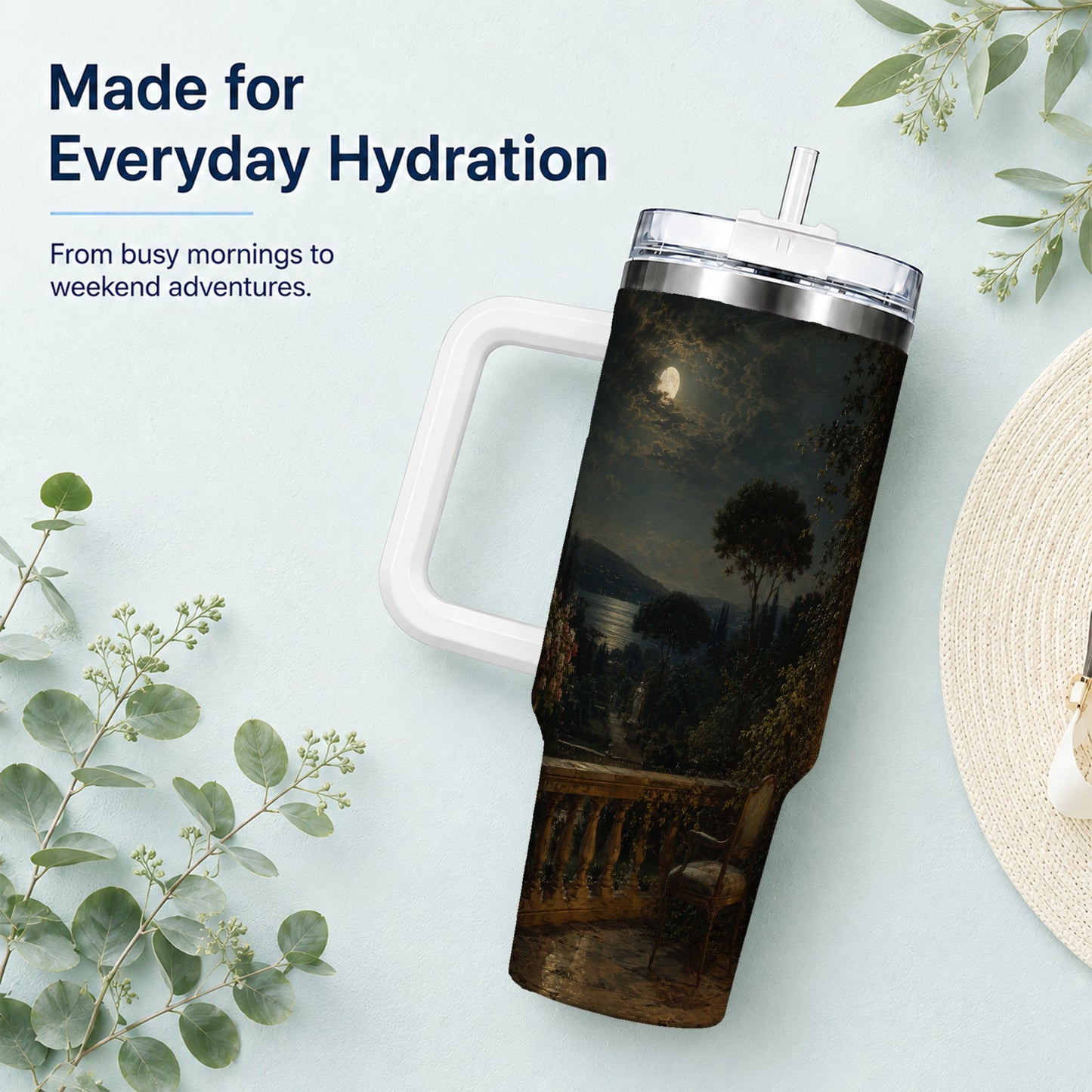 #pl[40oz|White] Moonlit Terrace 40oz Tumbler with Handle, Romantic Garden Scene