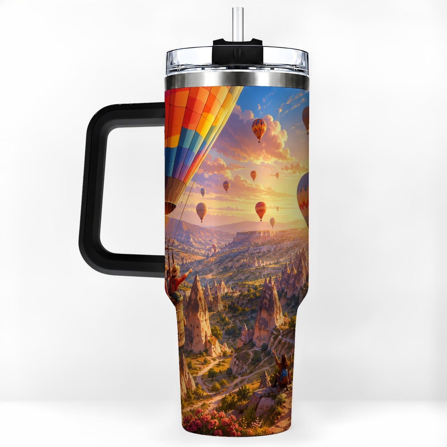 #pl[40oz|Black] Hot Air Balloon 40oz Tumbler with Handle, Canyon Sunrise Adventure