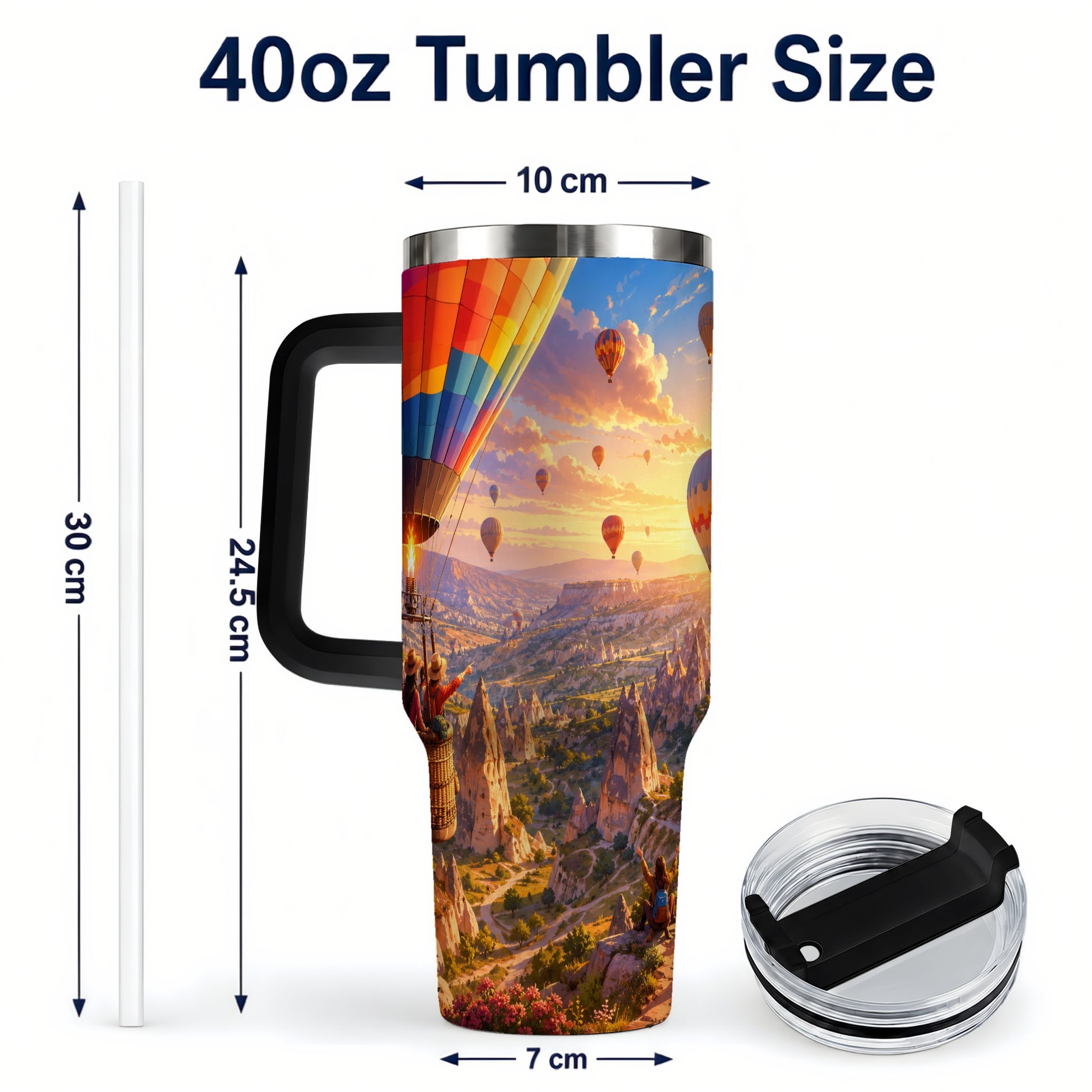 #pl[40oz|Black] Hot Air Balloon 40oz Tumbler with Handle, Canyon Sunrise Adventure