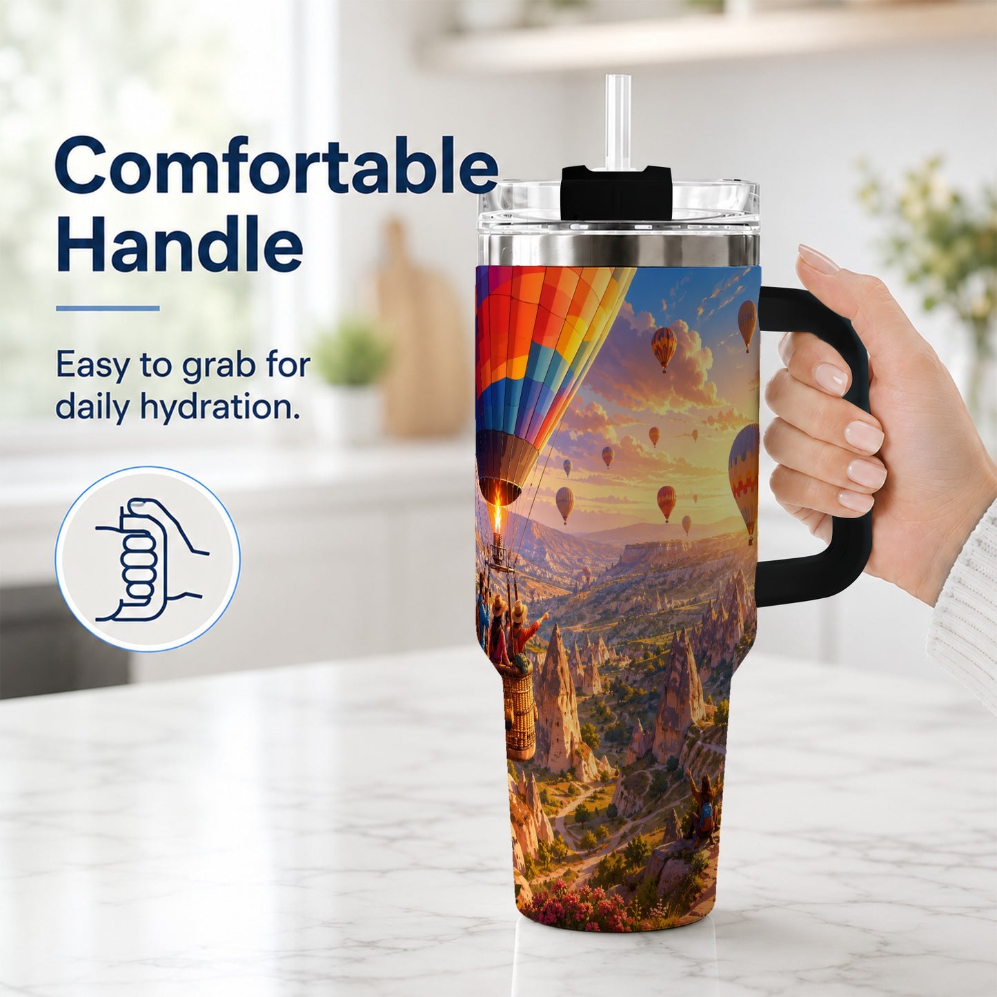 #pl[40oz|Black] Hot Air Balloon 40oz Tumbler with Handle, Canyon Sunrise Adventure