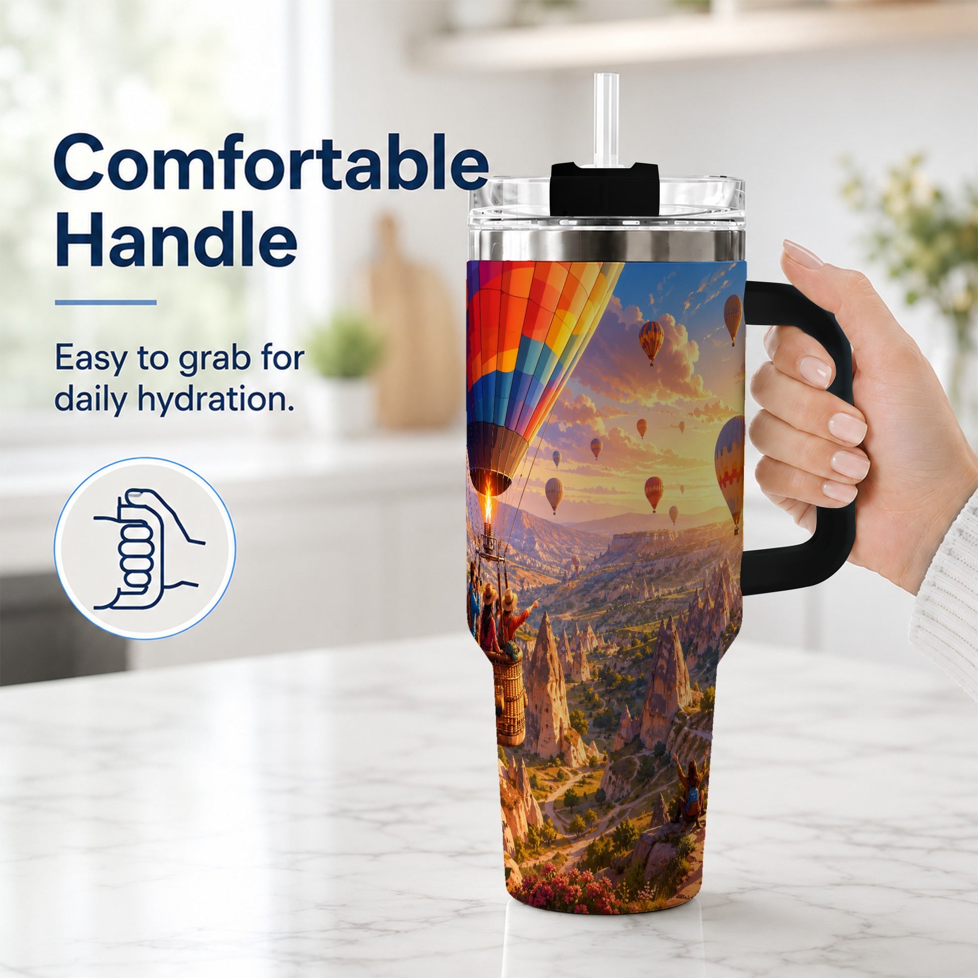 #pl[40oz|Black] Hot Air Balloon 40oz Tumbler with Handle, Canyon Sunrise Adventure